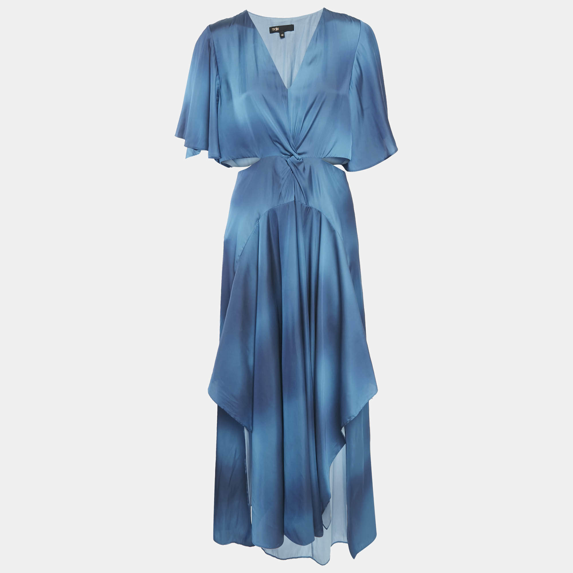 Pre Owned Maje Blue Ombre Satin Cut-Out Asymmetric Midi Dress L