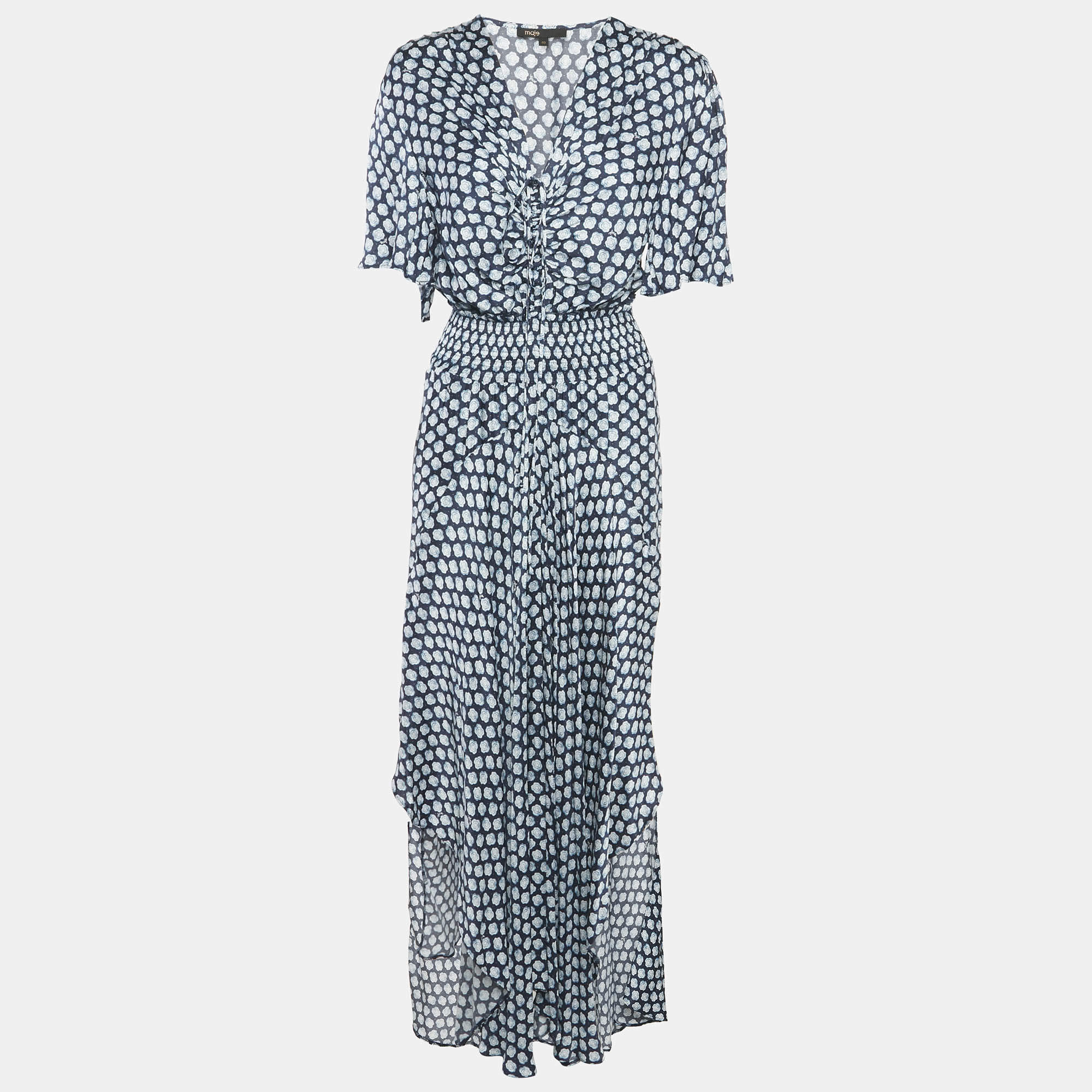 Pre Owned Maje Navy Blue Printed Crepe Shirring Maxi Dress L