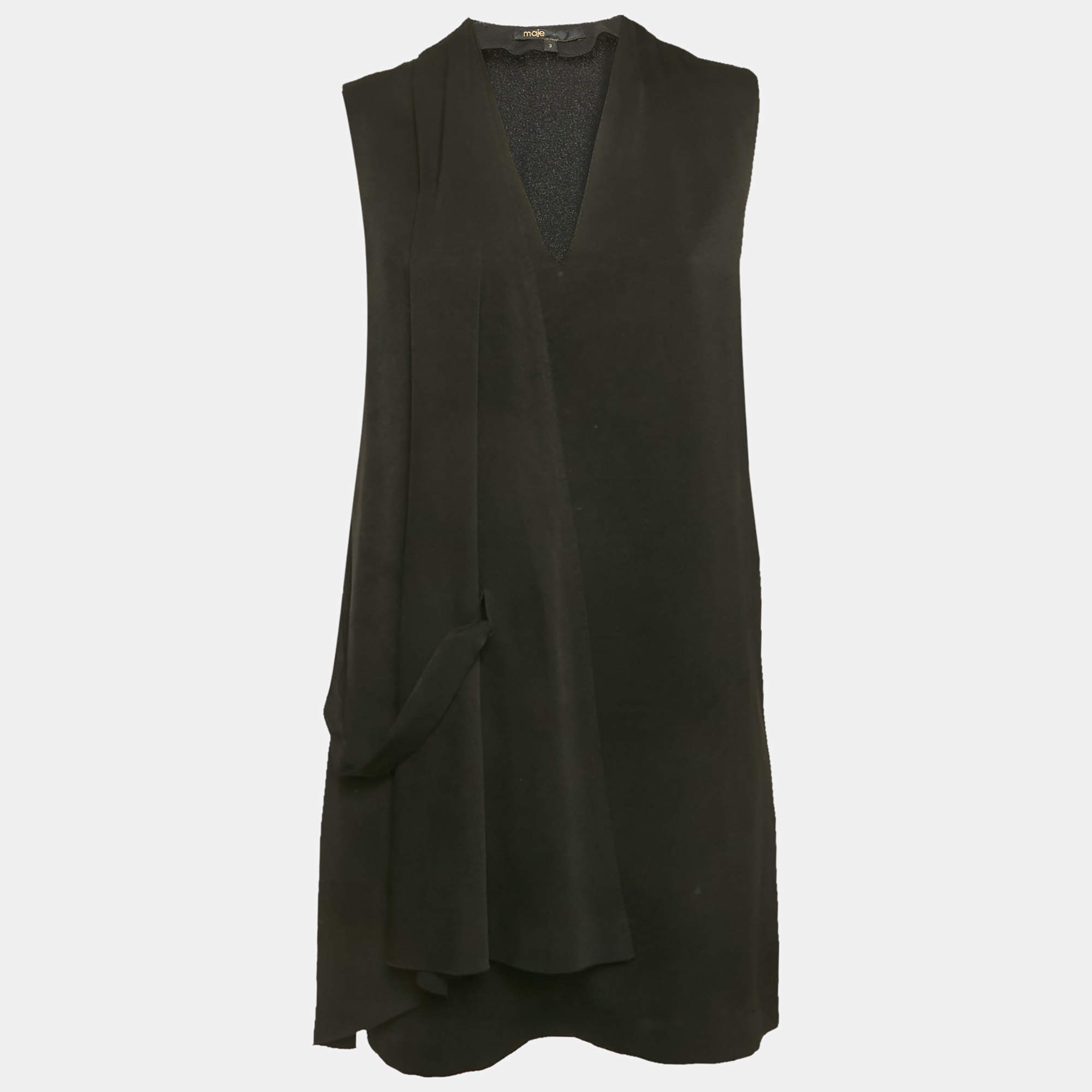 Pre Owned Maje Black Crepe Draped Mini Dress L