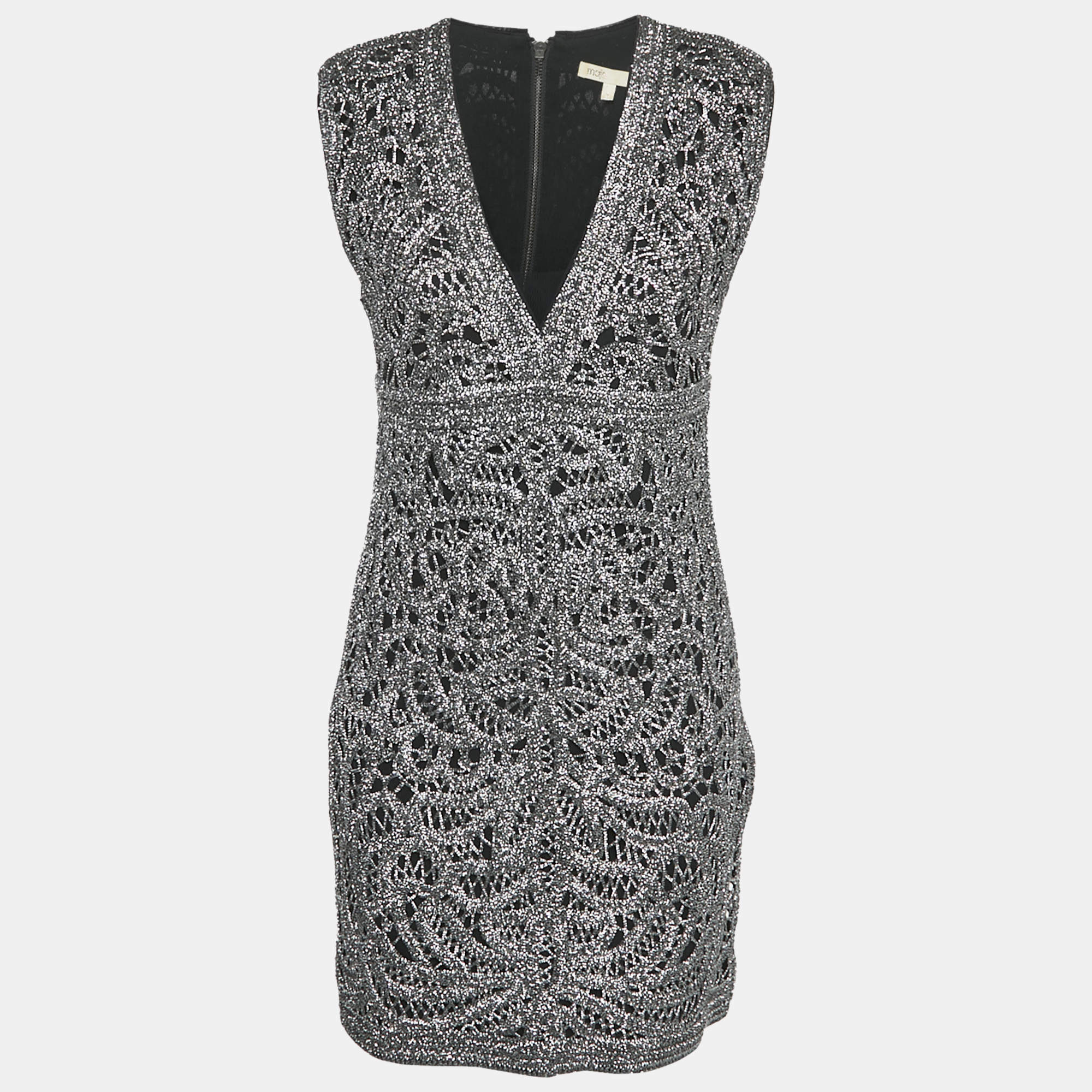 Pre Owned Maje Silver Lurex Crochet Sleeveless Mini Dress M