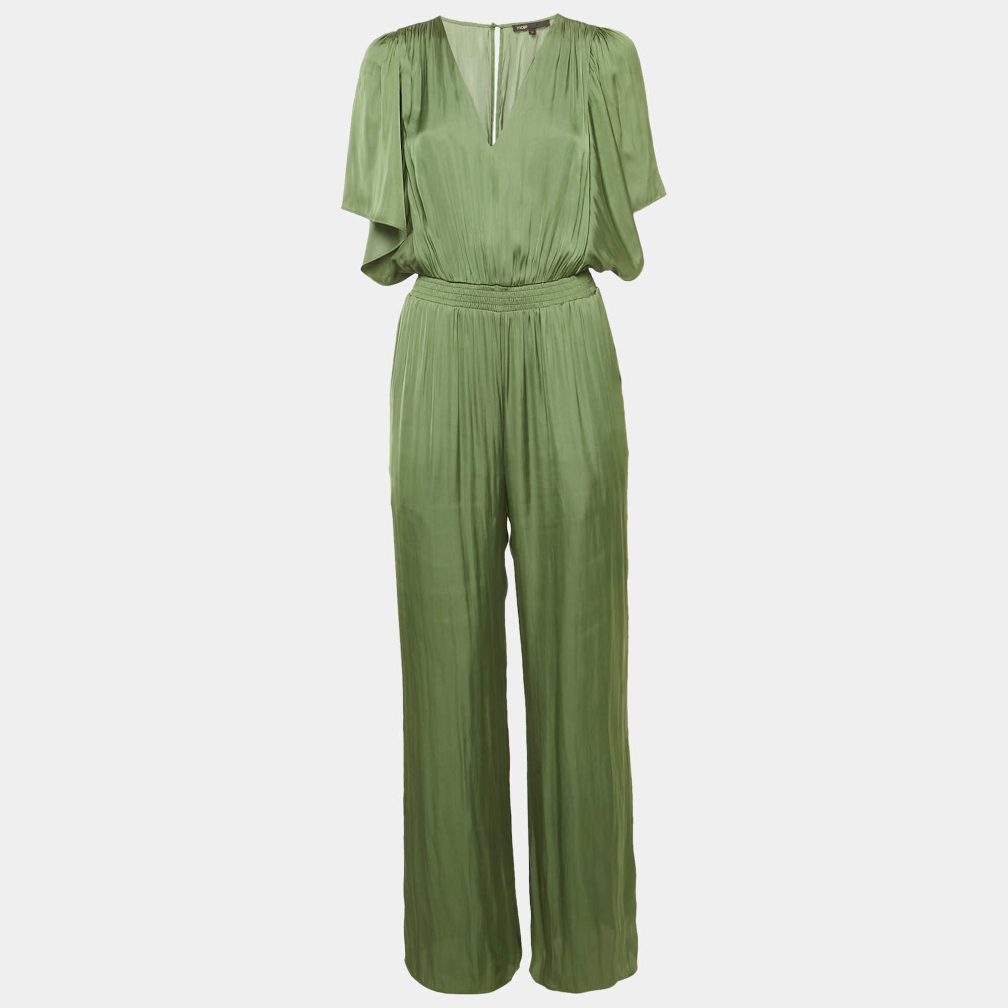 Pre Owned Maje Khaki Green Satin Smocked Jumpsuit S