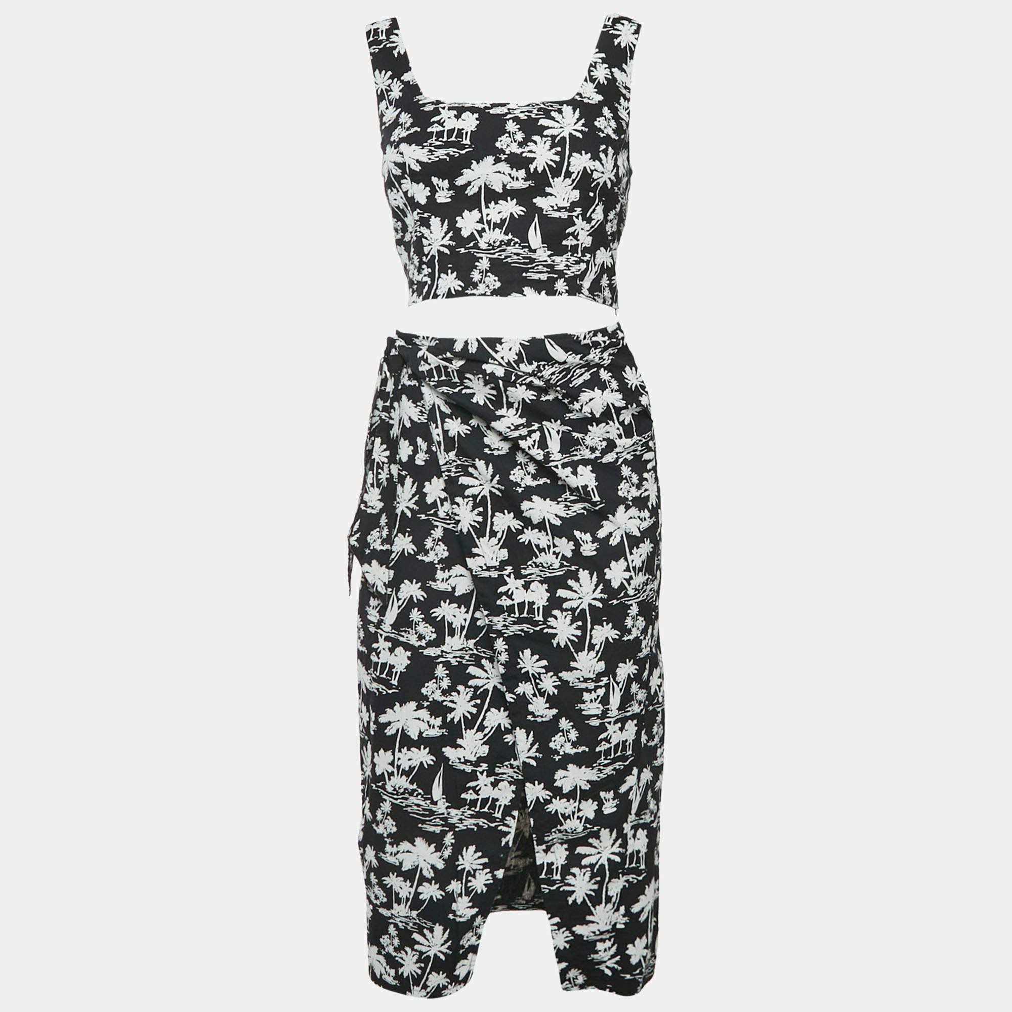 Maje Black Printed Cotton Top and Wrap Skirt Set M/S