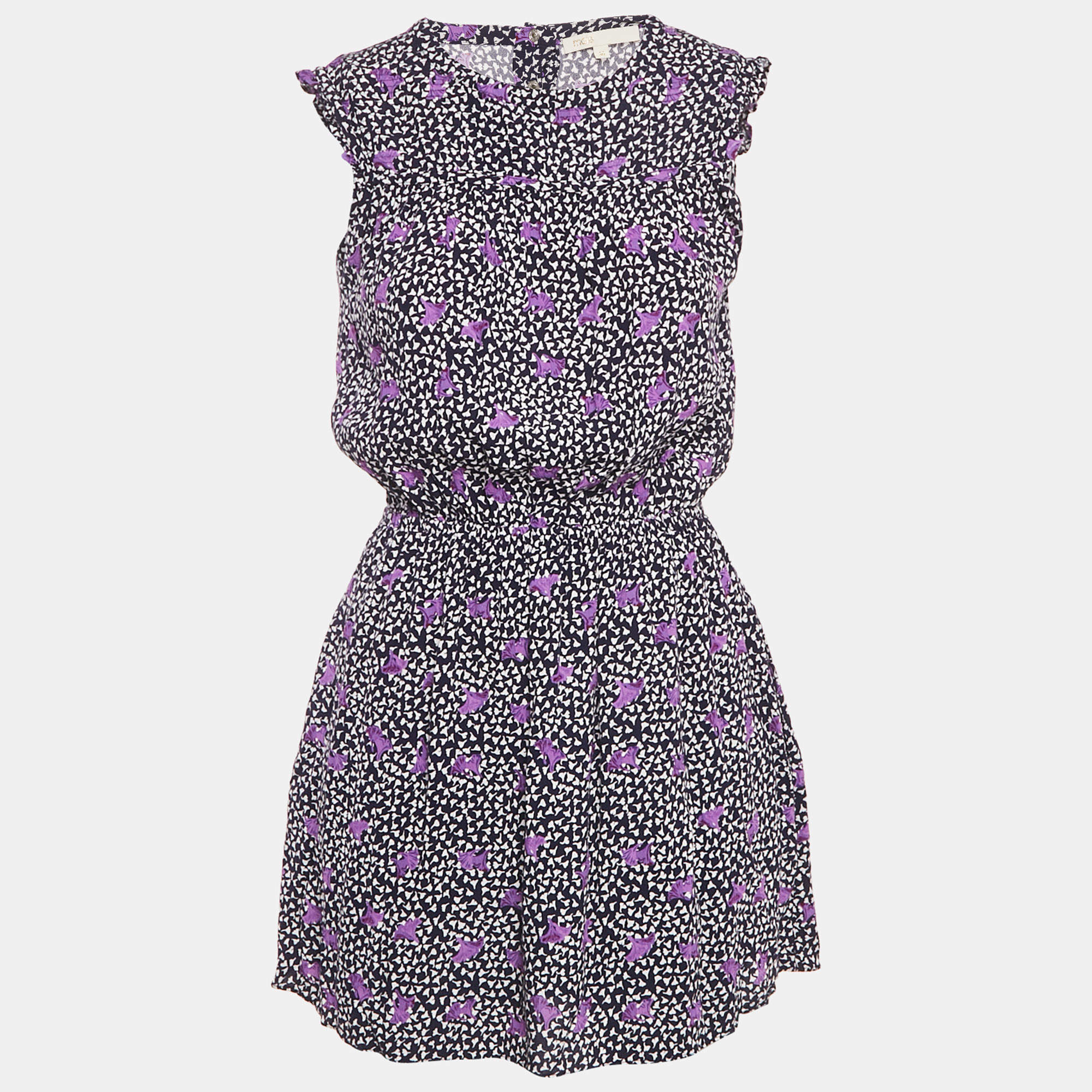Pre Owned Maje Navy Blue Floral Print Crepe Pensées Marine Parme Mini Dress S