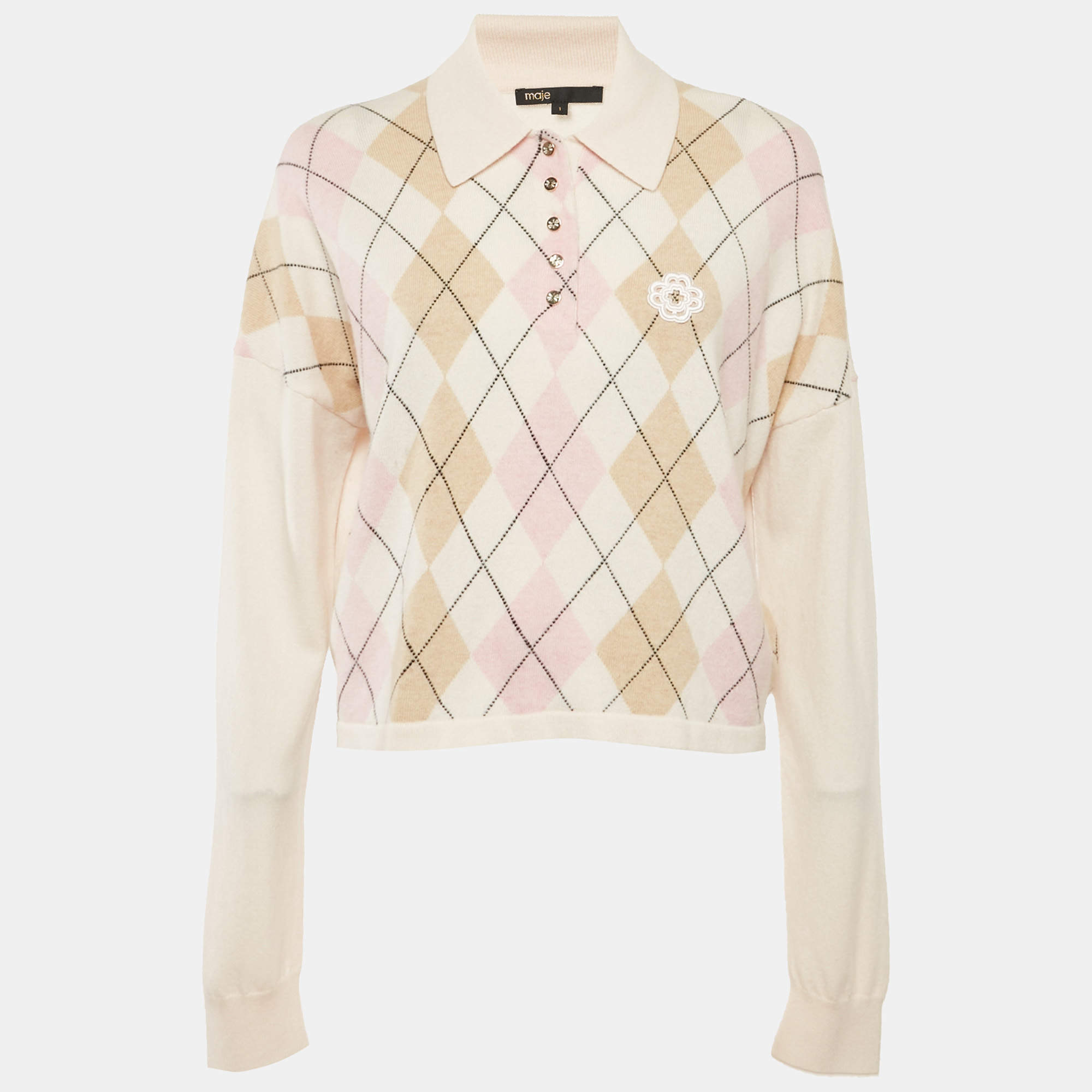 Pre Owned Maje Pink Argyle Knit Collared Sweatshirt S