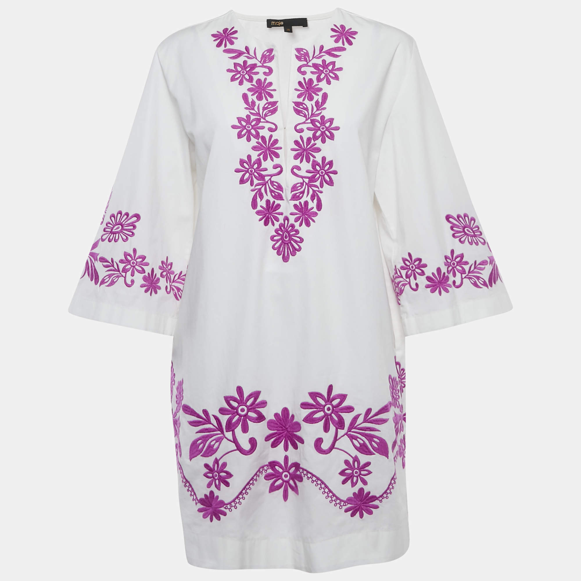 Pre Owned Maje White Floral Embroidery Cotton V-Neck Mini Dress M