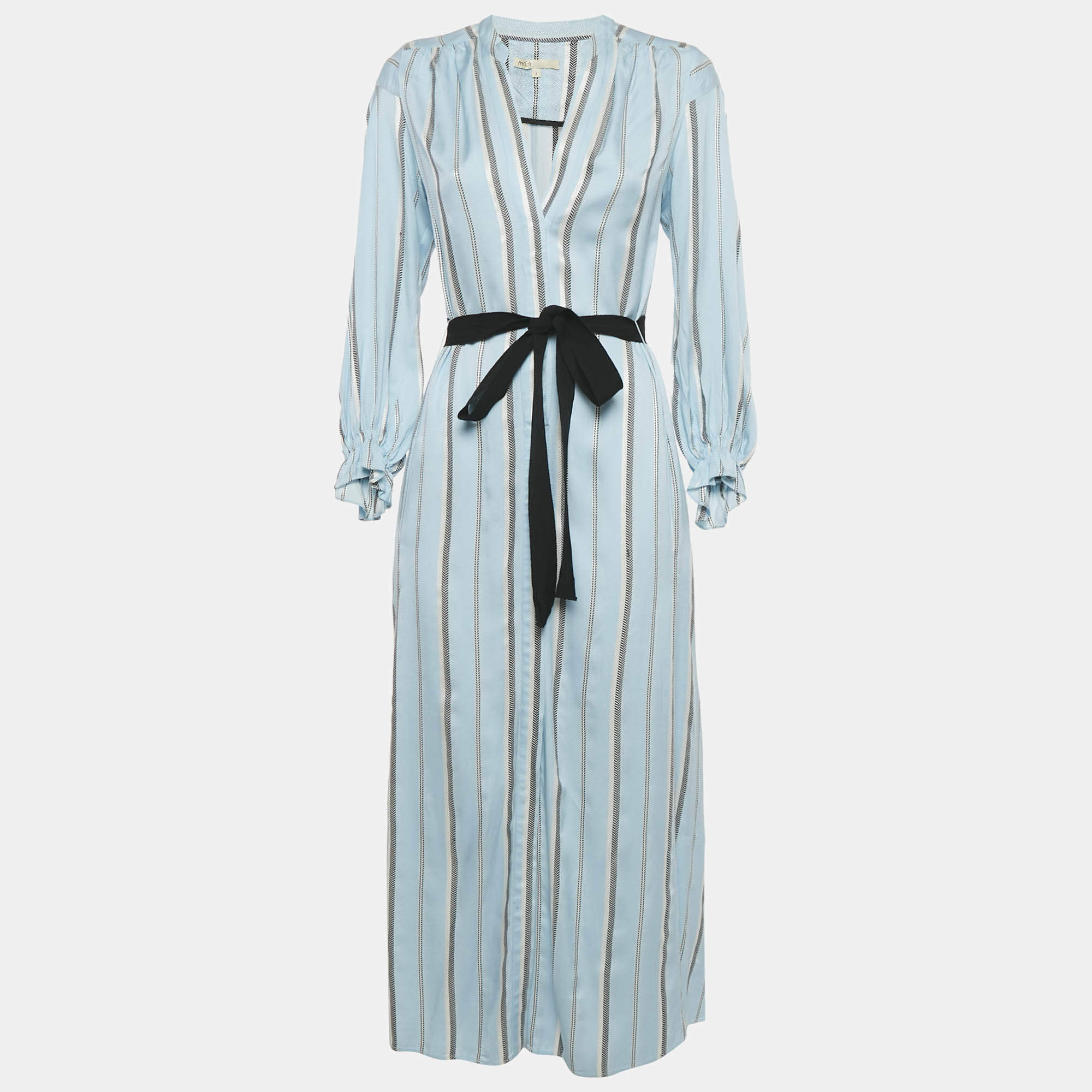 Pre Owned Maje Blue Stripe Crepe Button Front Belted Maxi Dress S
