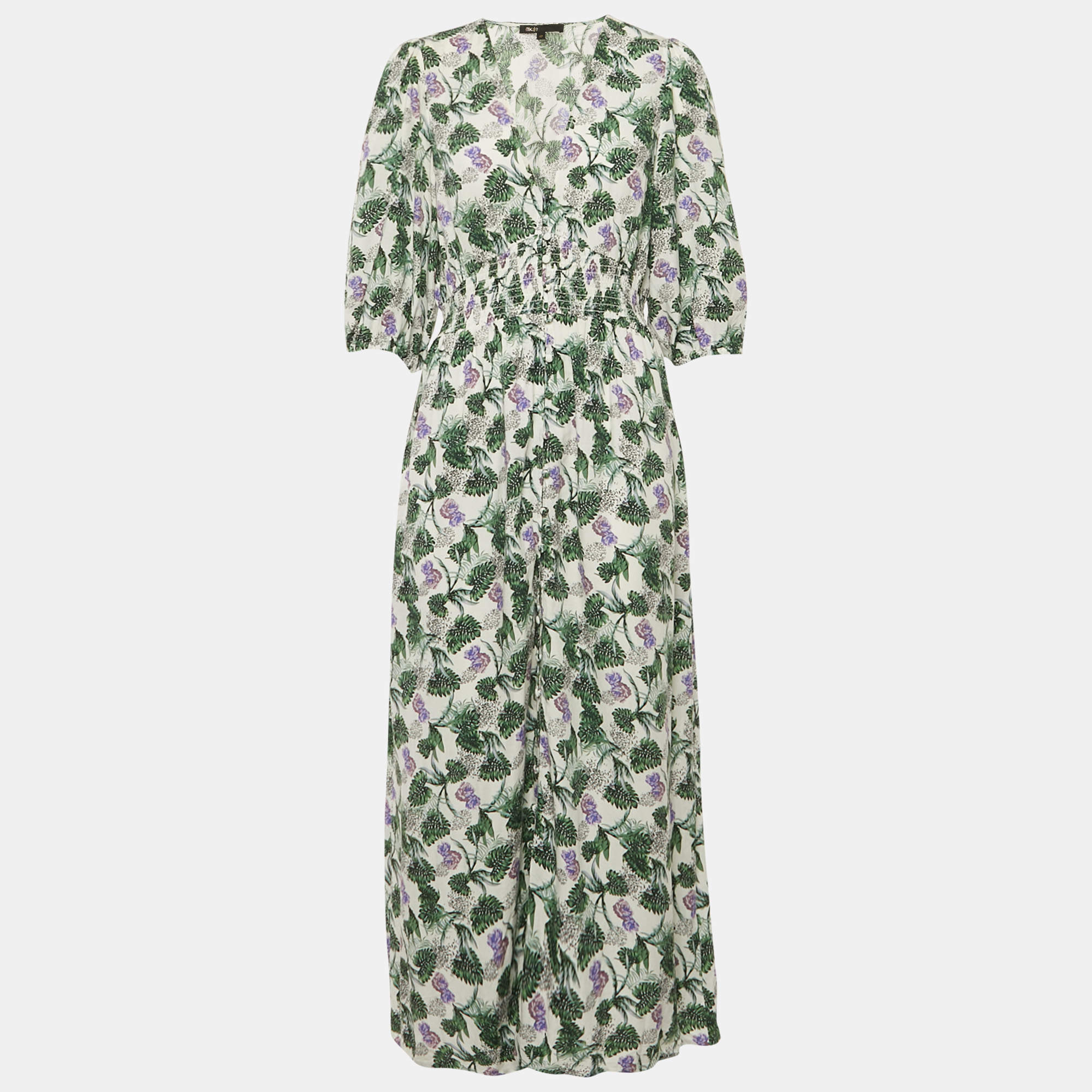 Pre Owned Maje White Printed Linen Blend V-Neck Midi Dress XL