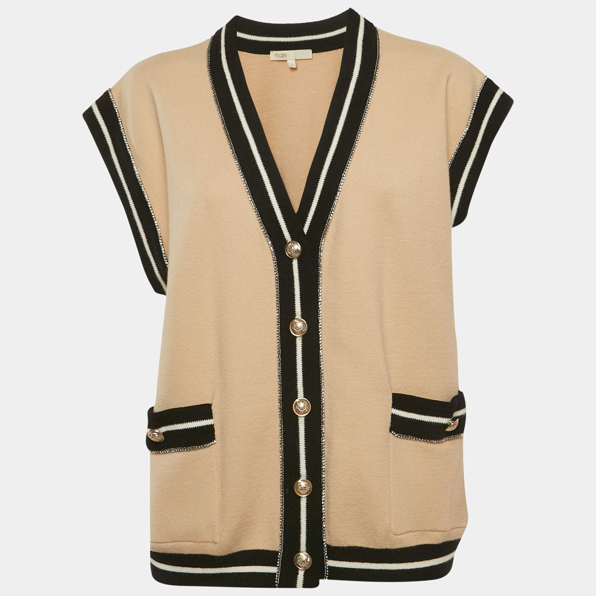 Pre Owned Maje Beige Knit Contrast Embellished Detail Sleeveless Oversized Cardigan S