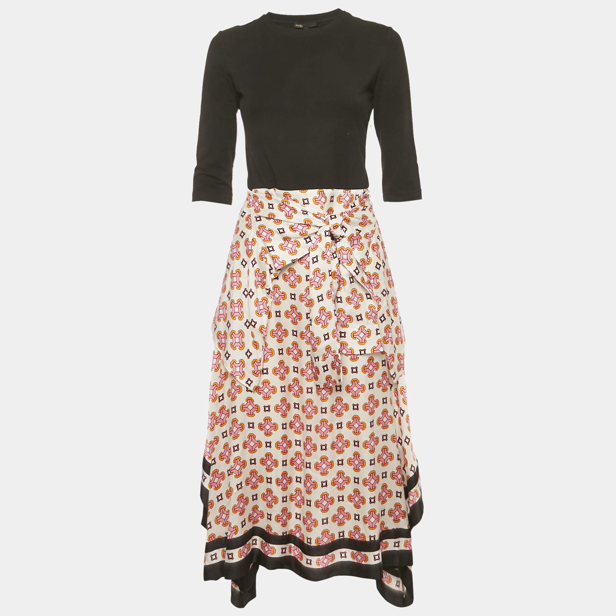 Pre Owned Maje Black Cotton Knit & Printed Silk Waist Tie Detail Midi Dress M