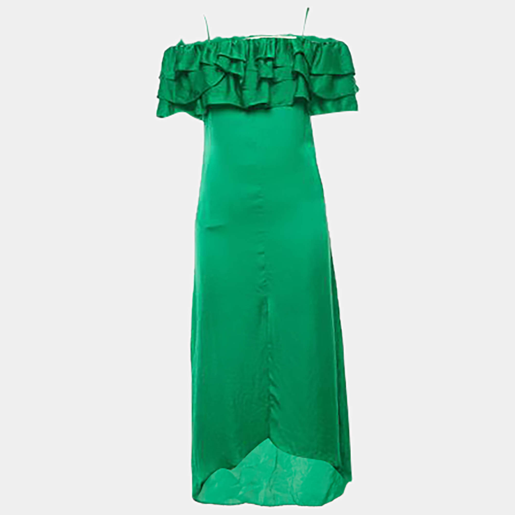 Pre Owned Maje Green Satin Ruffed Off-Shoulder Midi Dress S