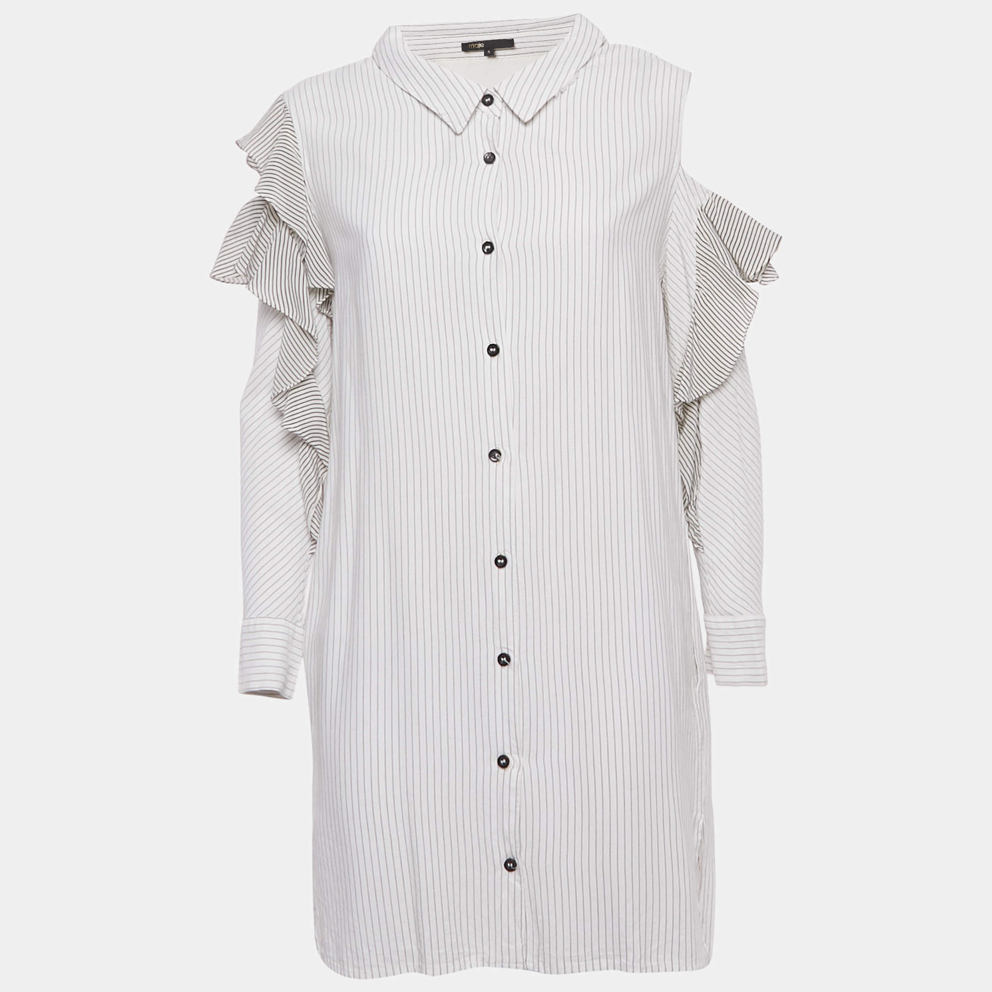 Pre Owned Maje White & Black Striped Crepe Cold Shoulder Mini Dress L