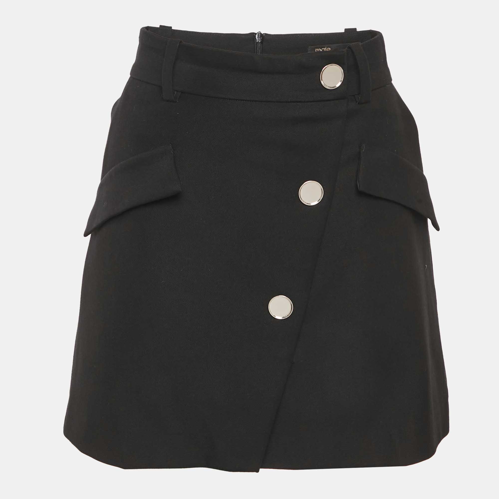 Pre Owned Maje Black Cotton Button Detail Mini Skirt S