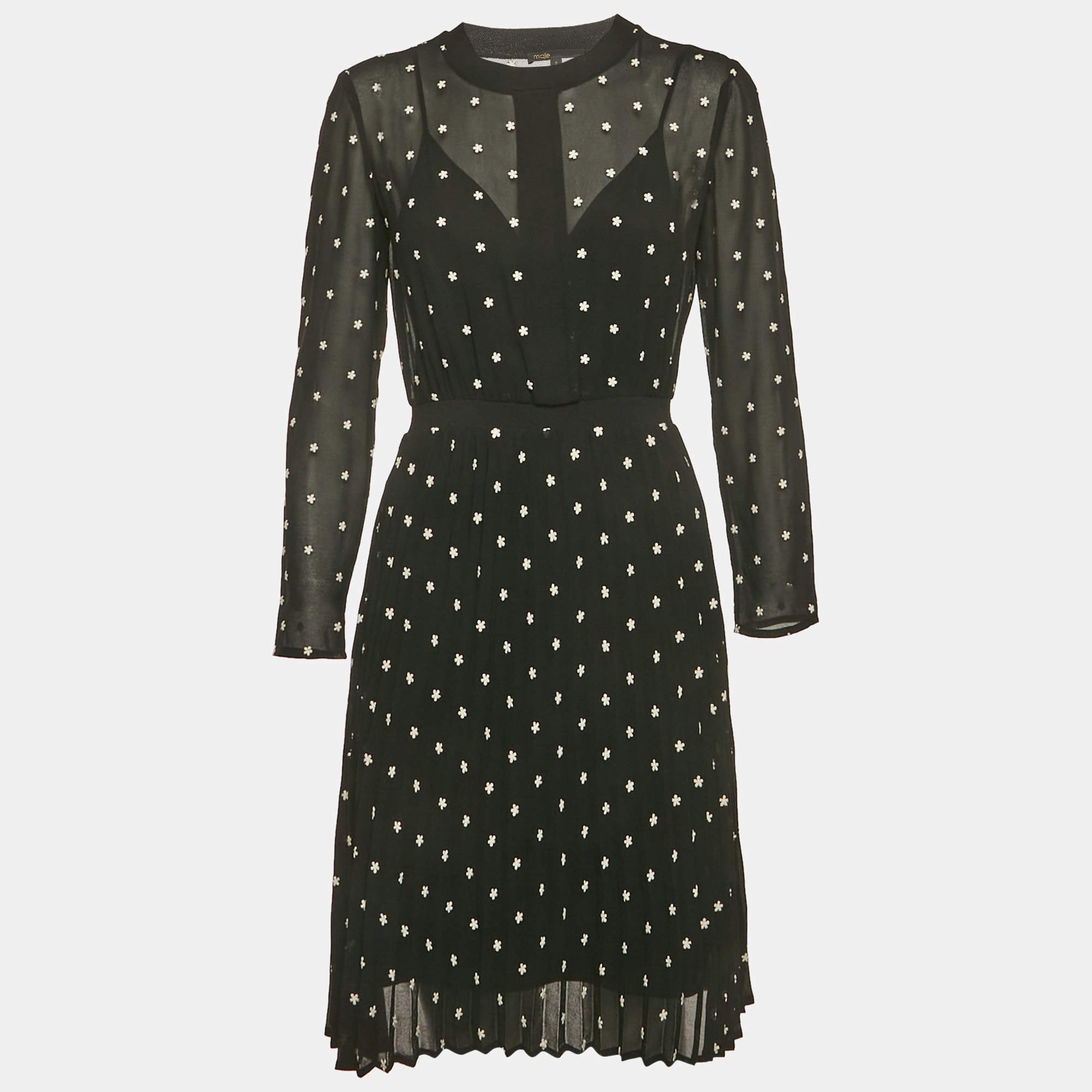 Pre Owned Maje Black Floral Embroidered Chiffon Short Dress M