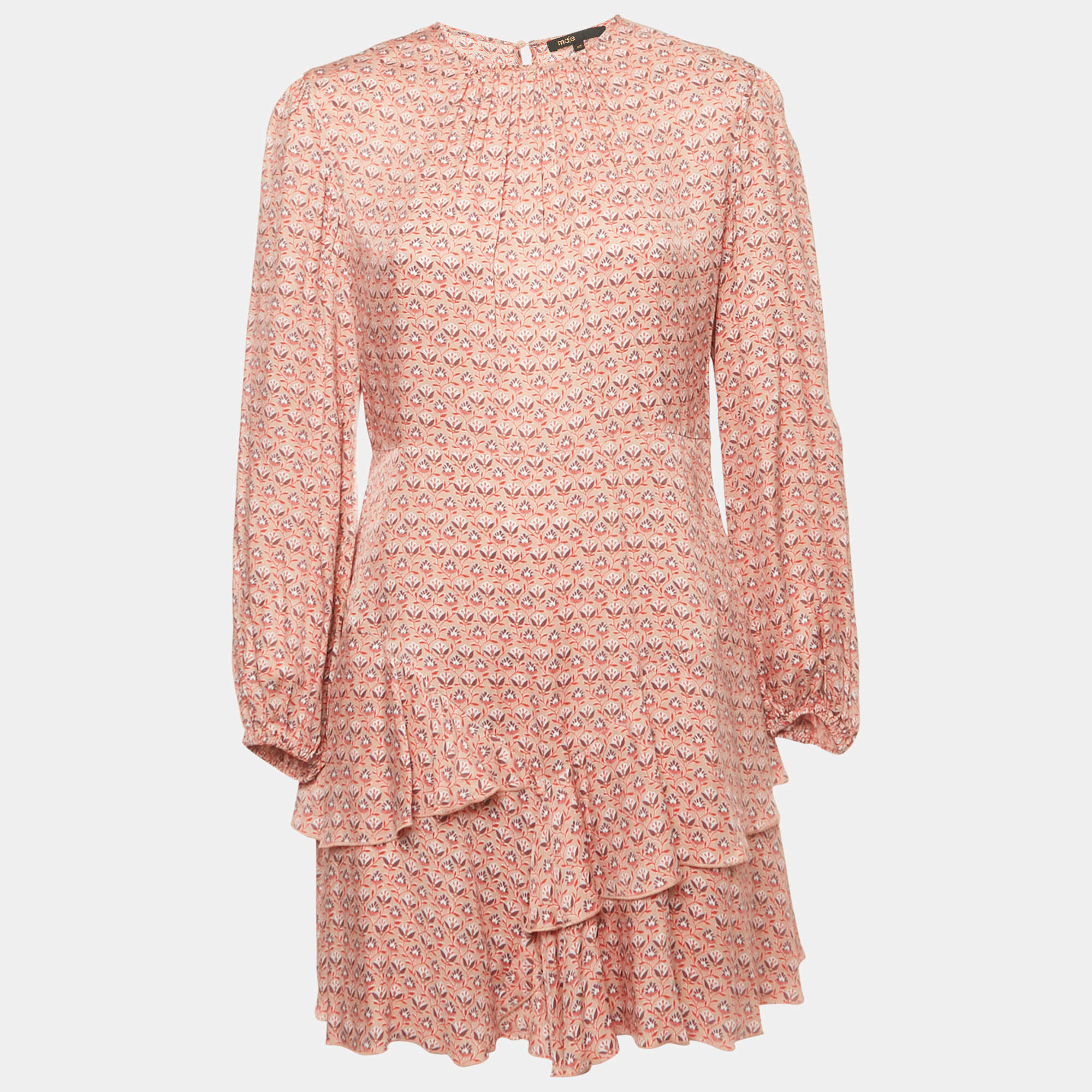 Pre Owned Maje Pink Floral Print Crepe Ruffled Mini Dress L