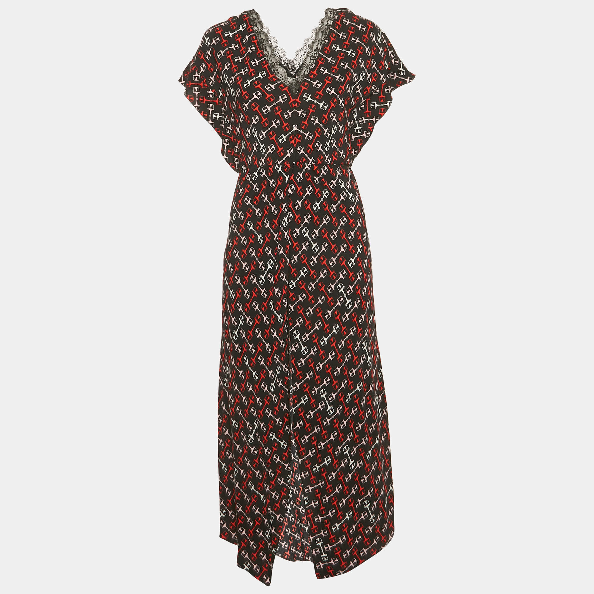 Pre Owned Maje Black Geometric Print Crepe Lace Trim Midi Dress M