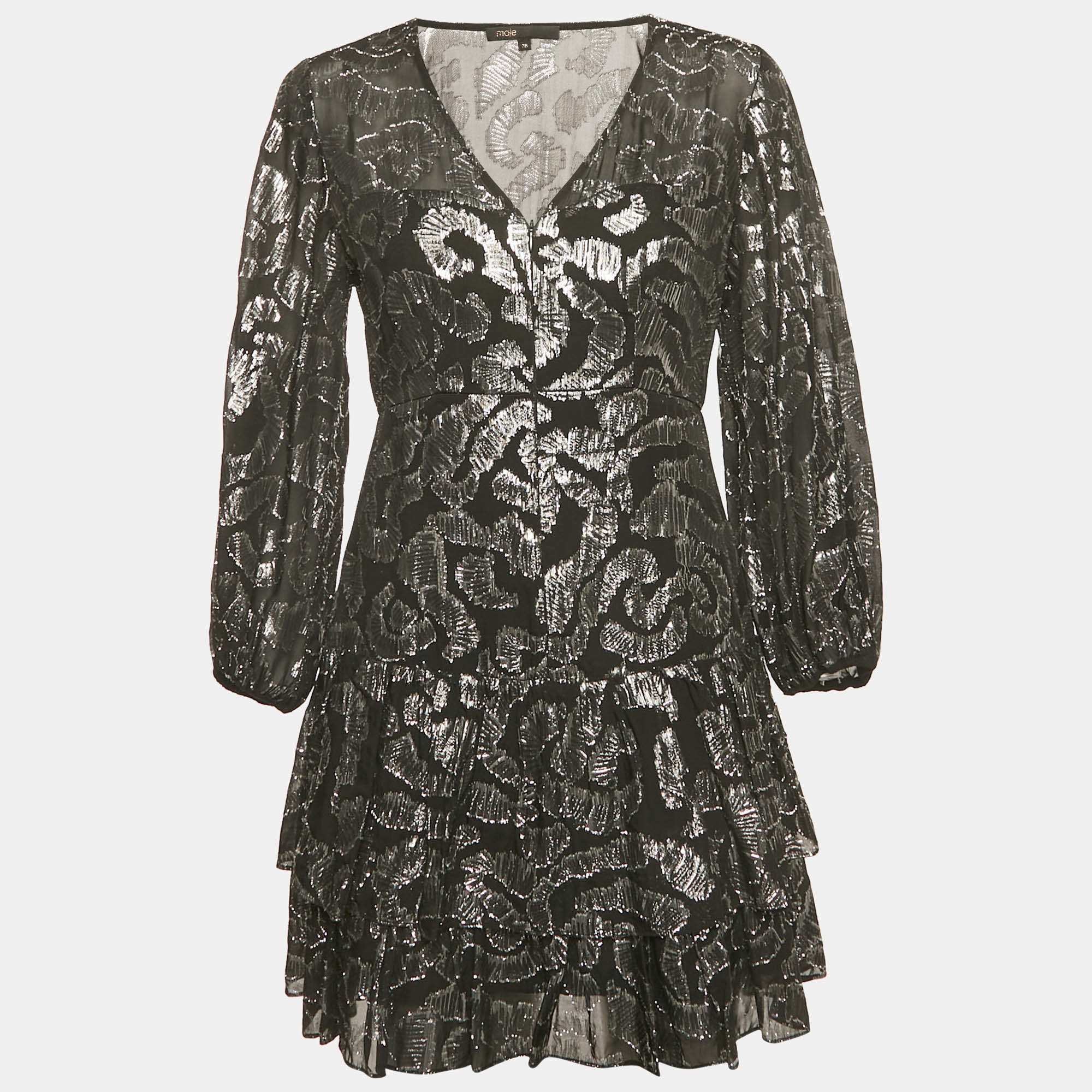 Pre Owned Maje Black Chiffon Metallic Fil coupe Mini Dress S