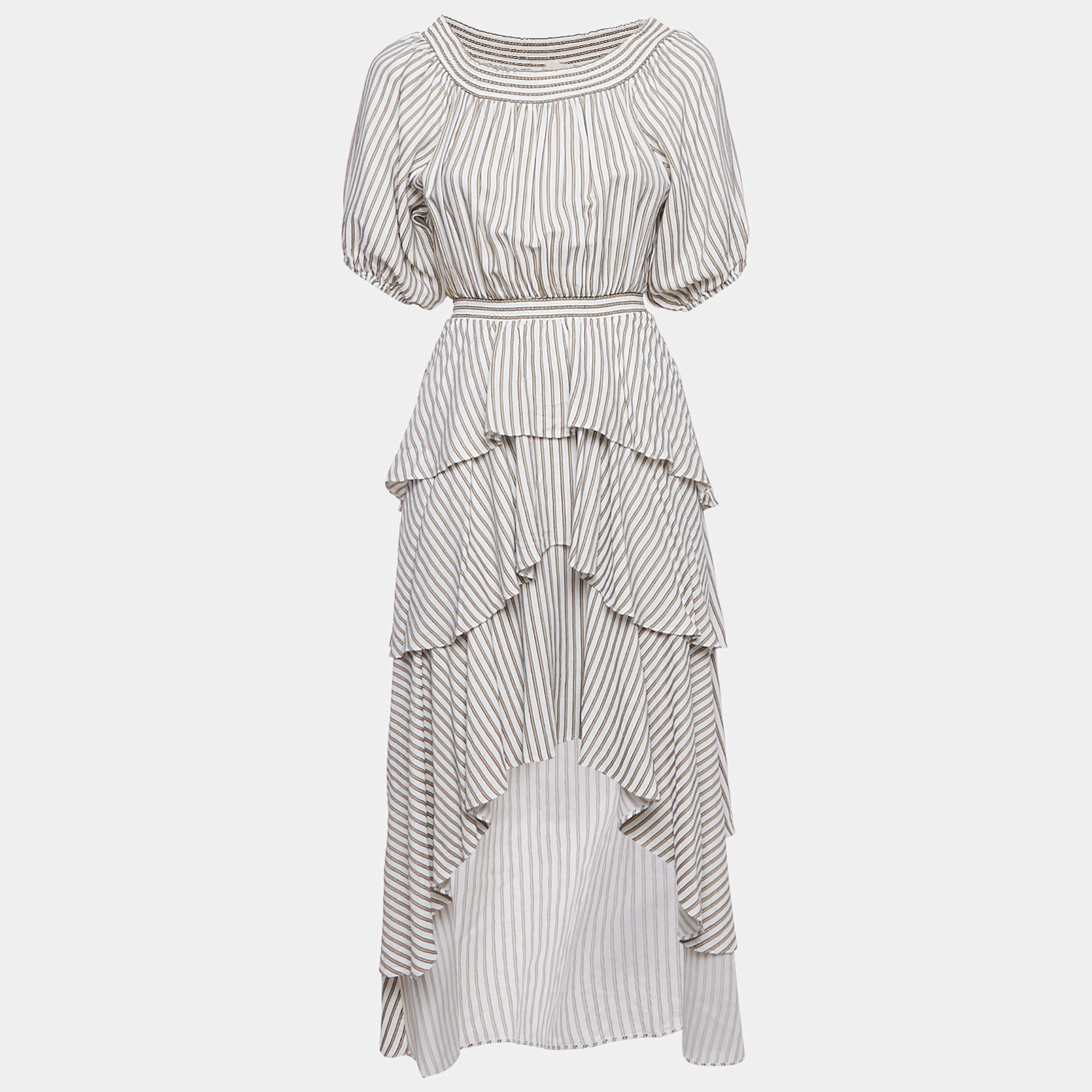 Pre Owned Maje Beige Striped Crepe Tiered Asymmetric Midi Dress M