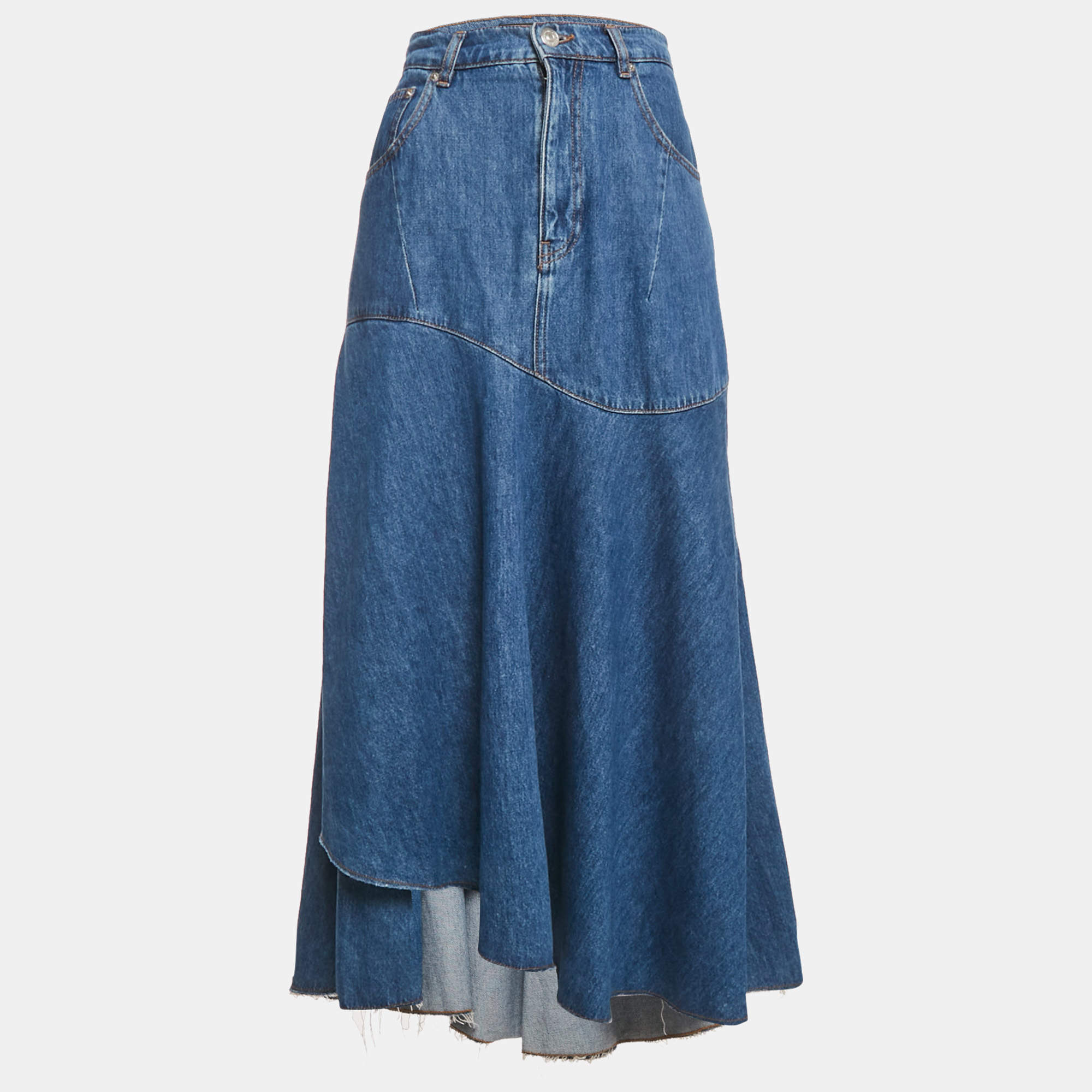 Pre Owned Maje Blue Denim Asymmetric Maxi Skirt S Waist 28"