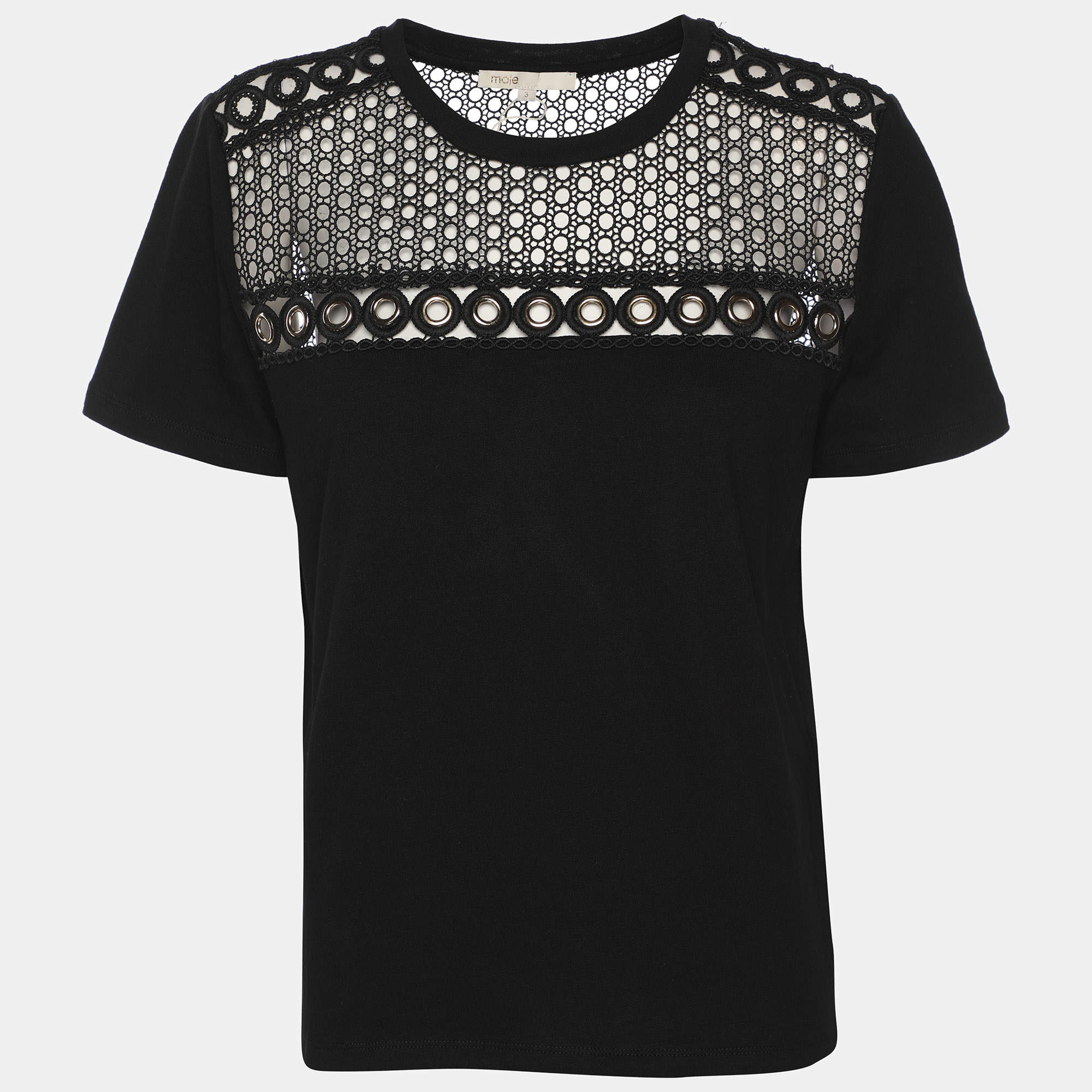 Pre Owned Maje Black Jersey Eyelet Detail Top L