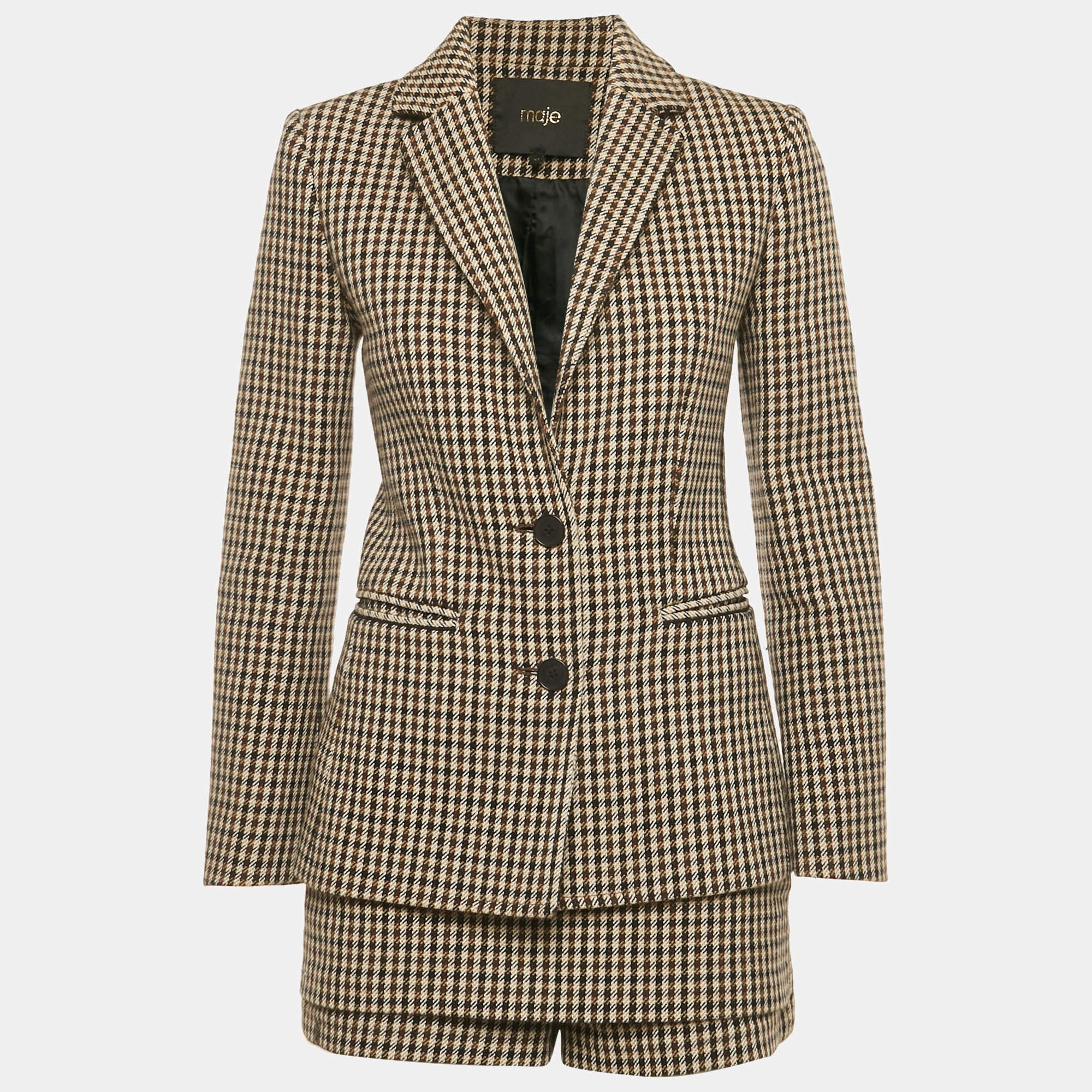 Pre Owned Maje Brown/Tan Houndstooth Skorts and Blazer Set S