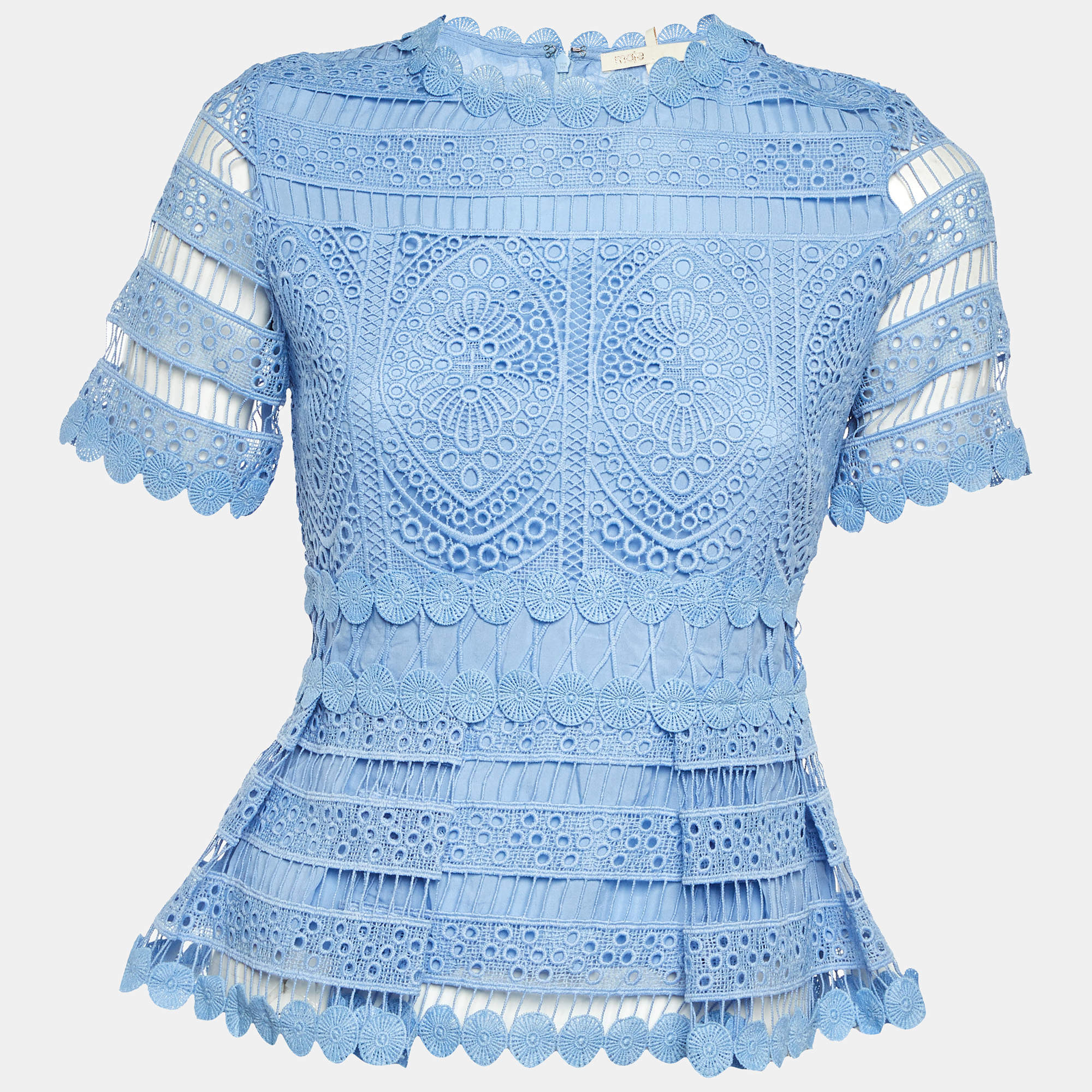 Pre Owned Maje Light Blue Guipure Lace Peplum Top M