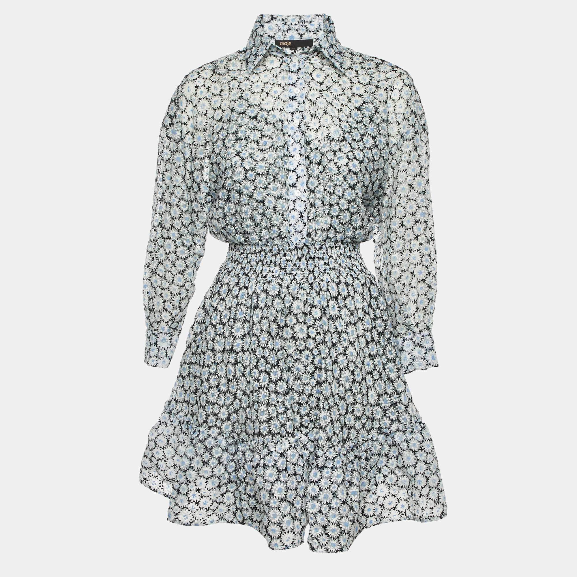 Pre Owned Maje White Daisy Dévoré Flared Mini Dress S