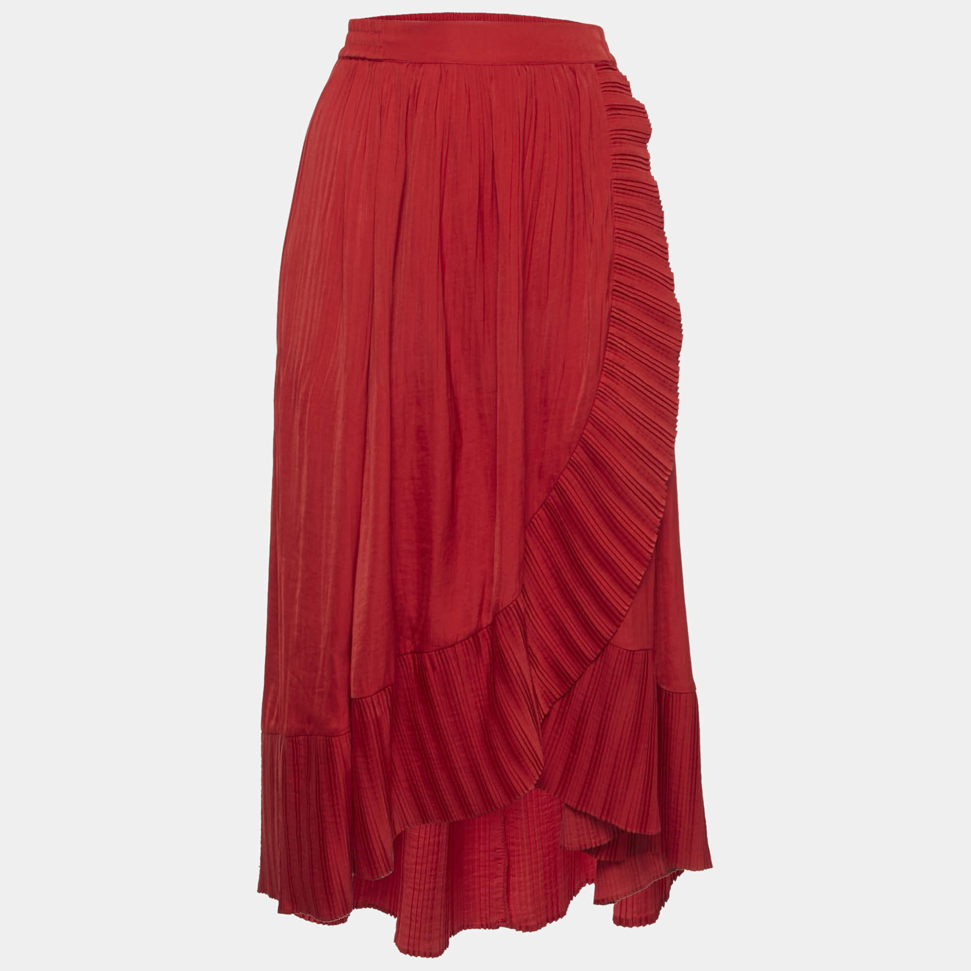 Pre Owned Maje Red Satin Plisse Drape Style Midi Skirt S