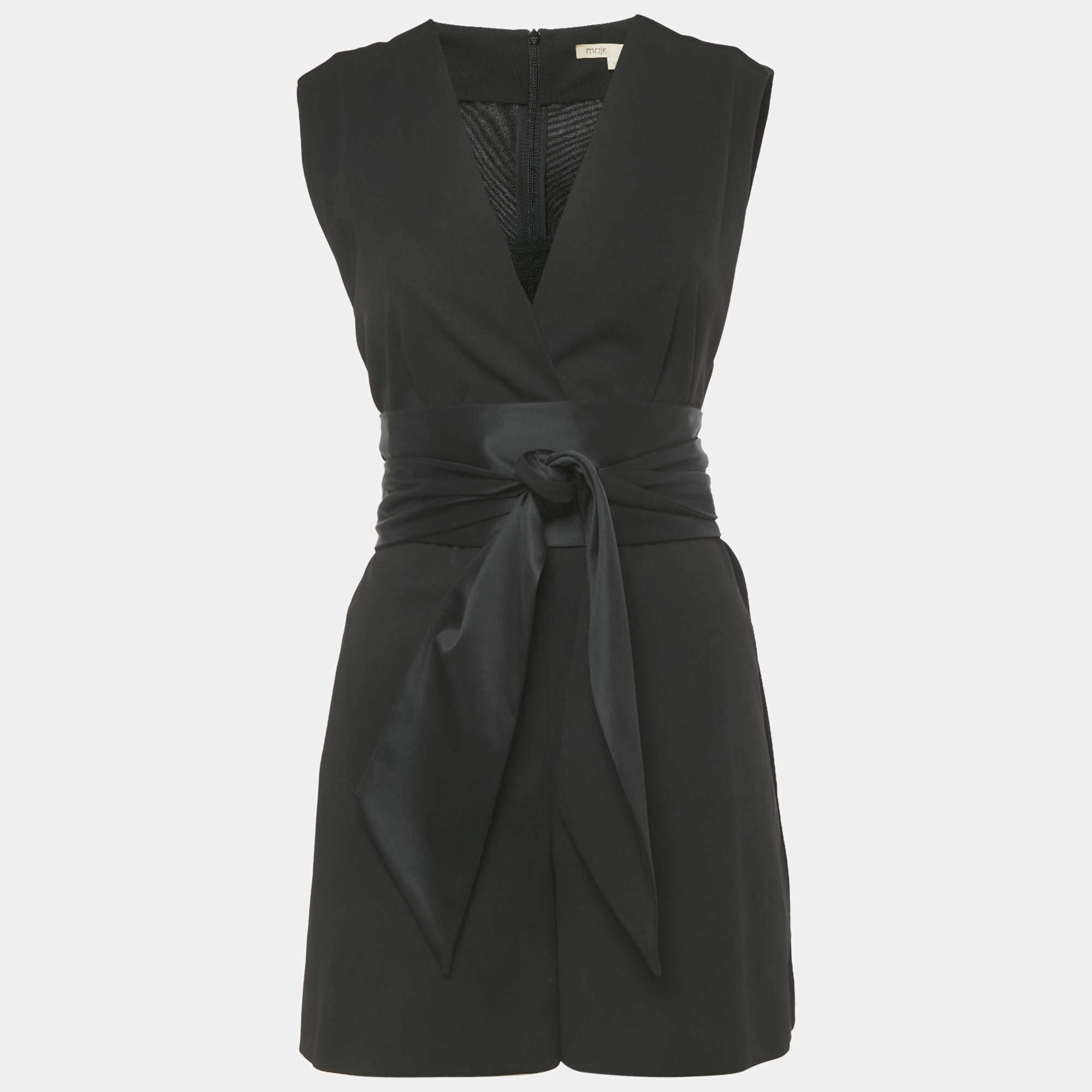 Pre Owned Maje Black Crepe Plunge Neck Belted Playsuit L