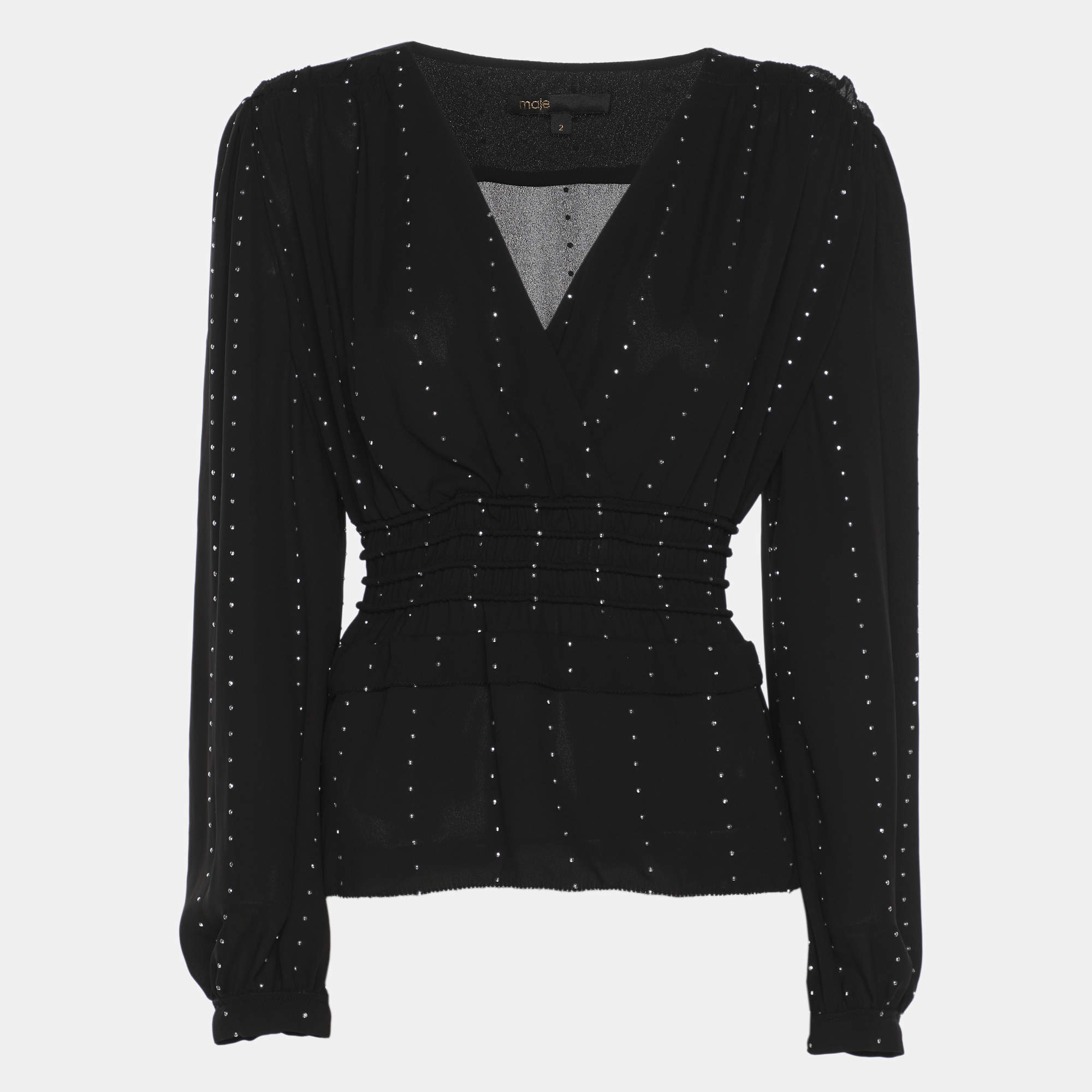 Pre Owned Maje Black Creep Crystal Embellished V Neck Tops S