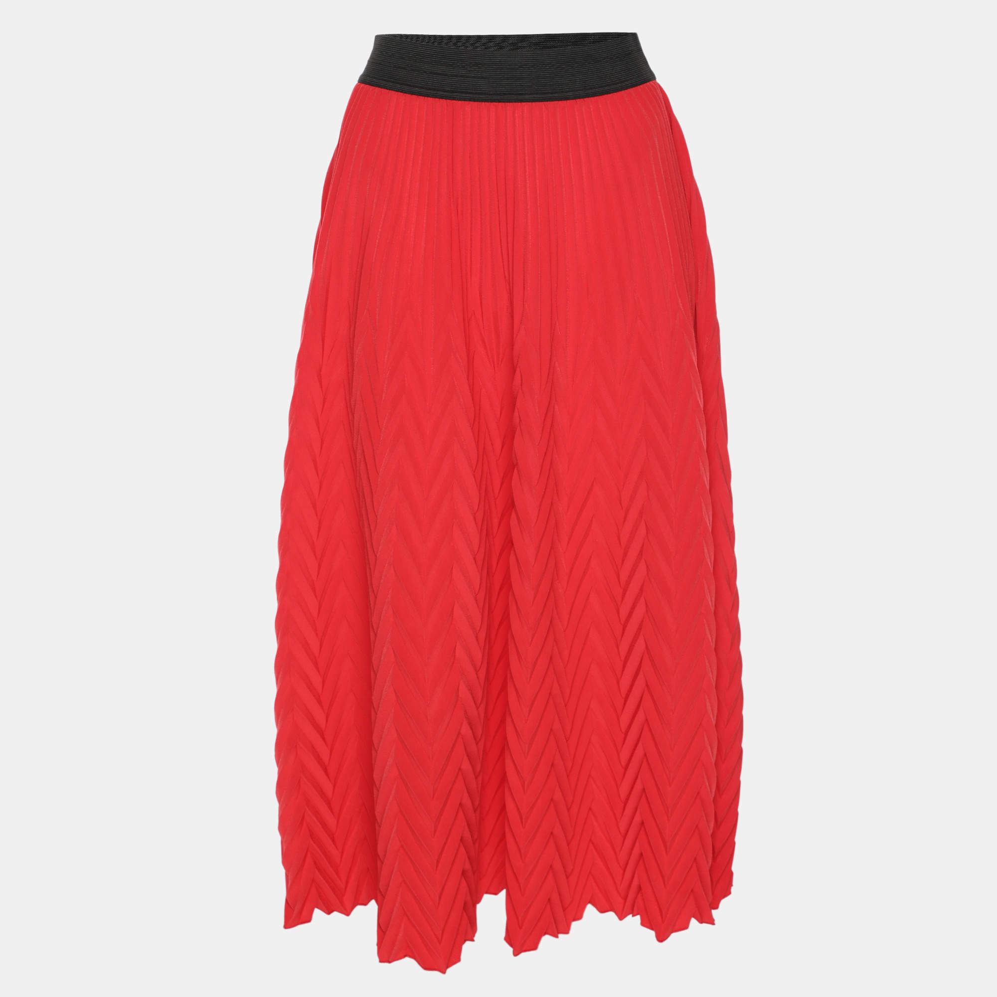 Pre Owned Maje Red Pleated Accents Crepe Midi Skirt S