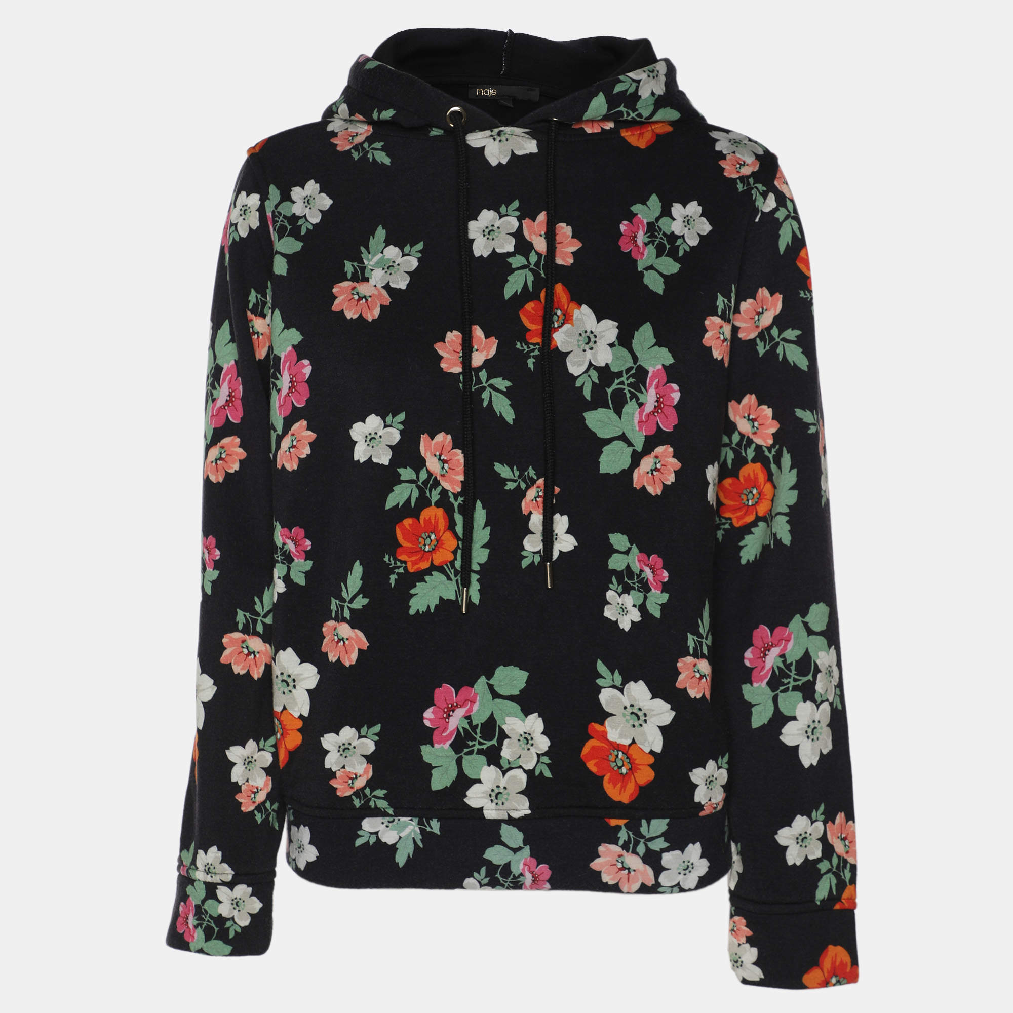 Pre Owned Maje Black Dark Grey Multicolor Floral Print Jersey Hoodie Sweatshirt S