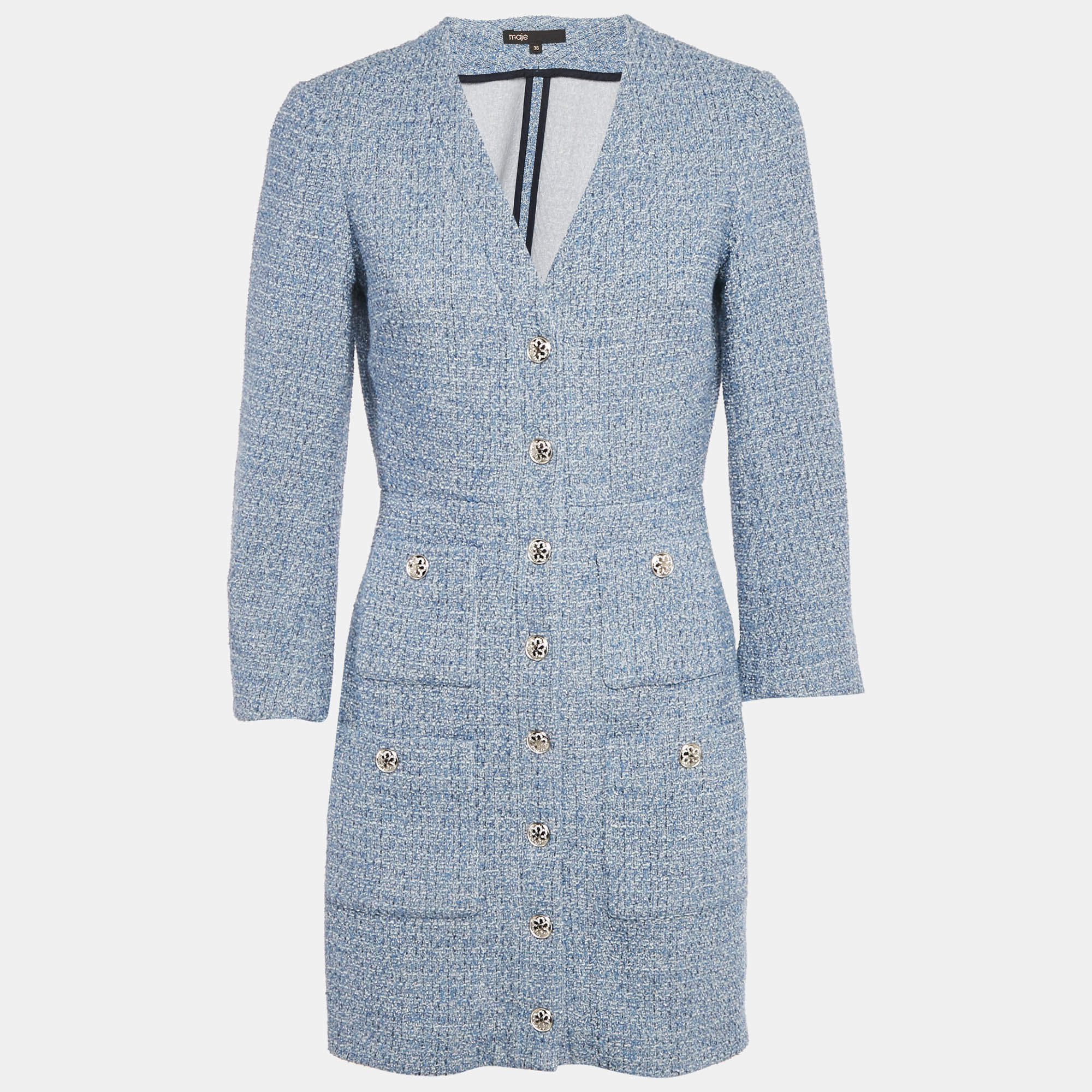 Pre Owned Maje Blue Lurex Tweed Button Front Mini Dress S