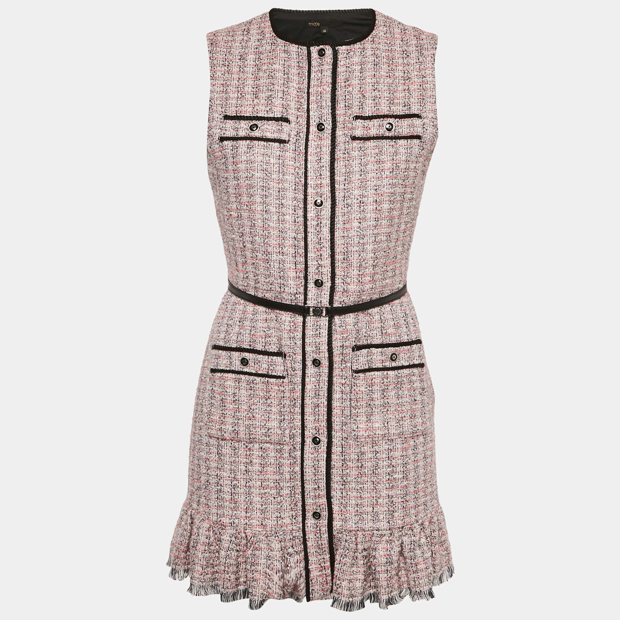 Pre Owned Maje Pink Lurex Tweed Ruffled 2-in-1 Mini Dress S