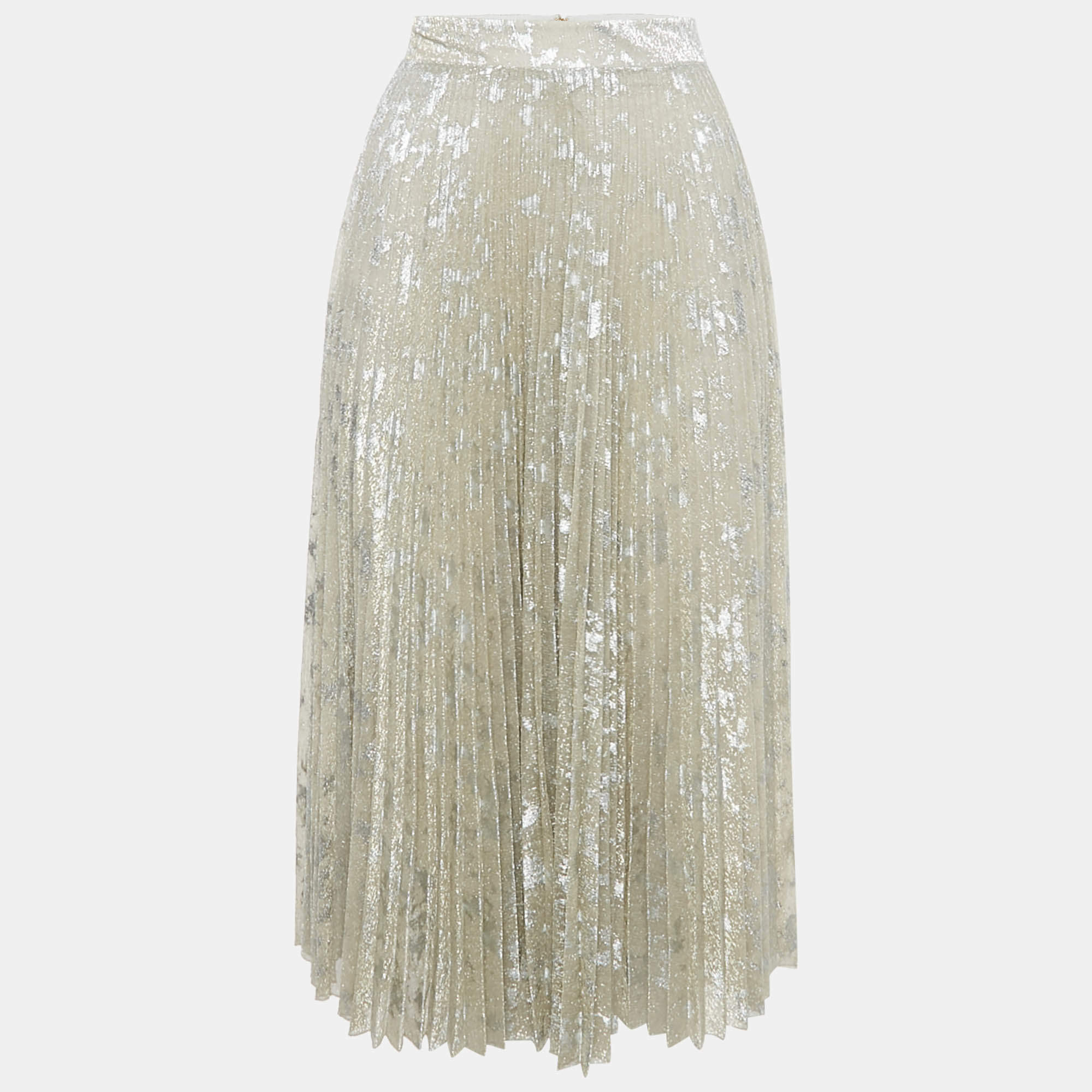 Pre Owned Blumarine Silver Lurex Knit Pleated Midi Skirt S