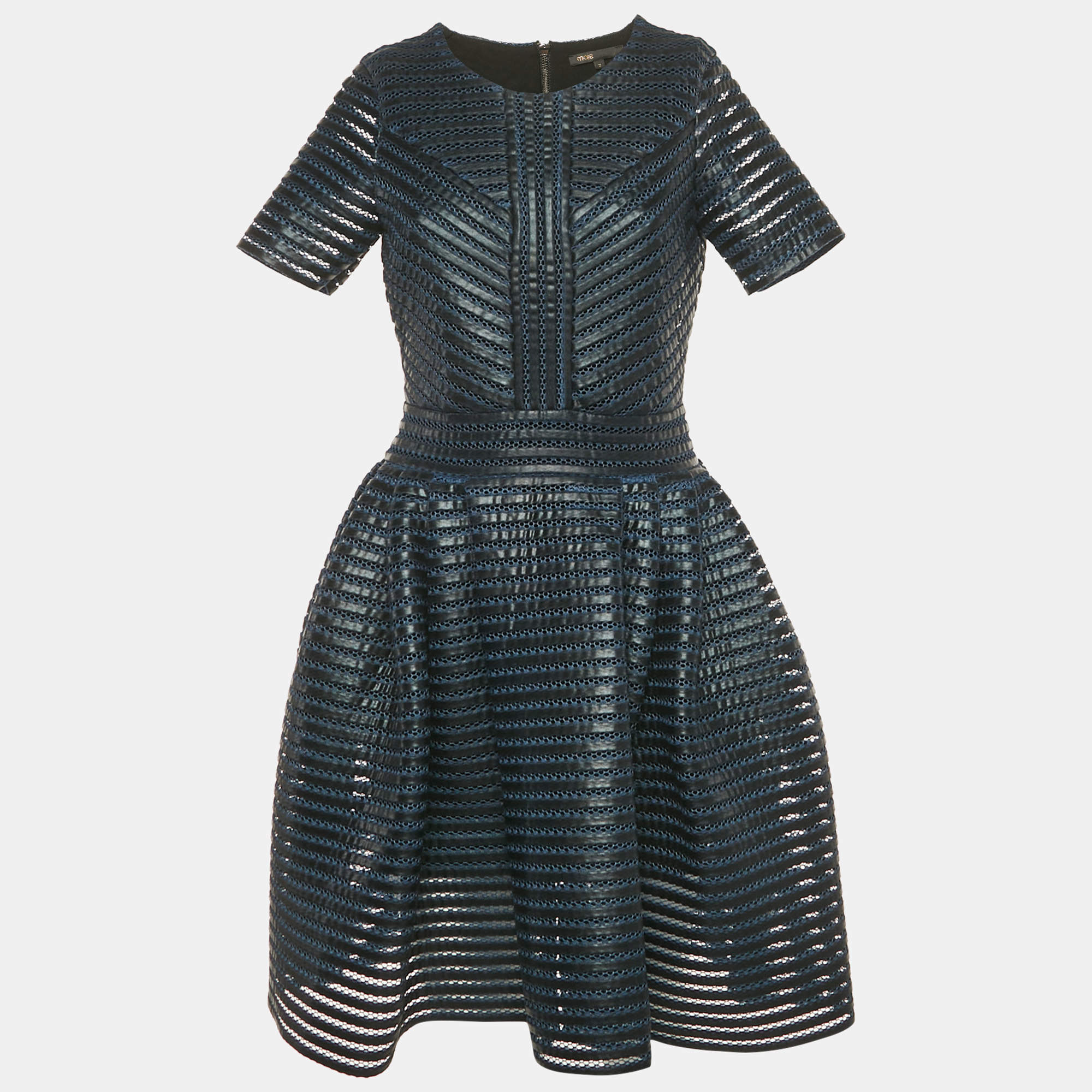 Pre Owned Maje Navy Blue /Black Striped Mesh Detail Short Dress M