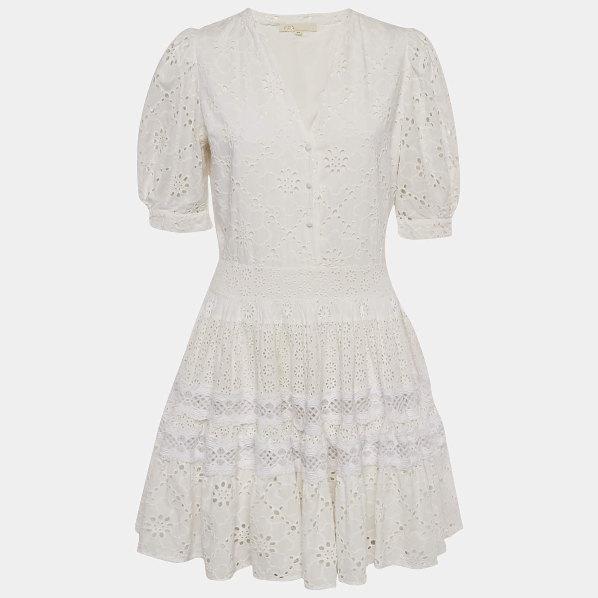 Pre Owned Maje White Broderie Anglaise Cotton Lace Trim Mini Dress L