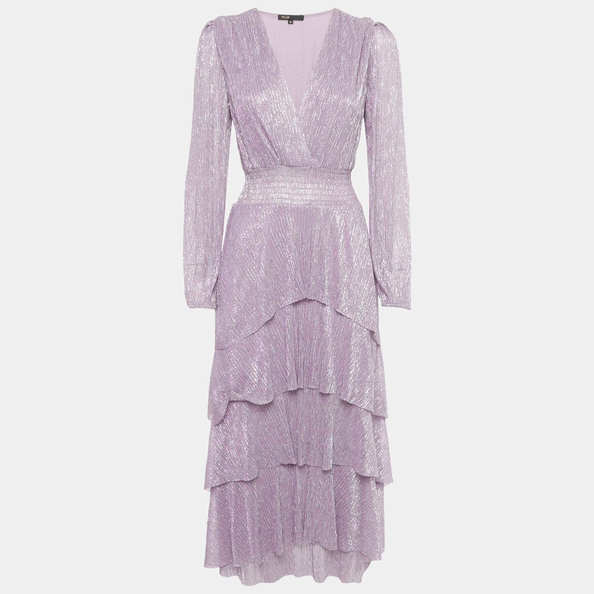 Pre Owned Maje Purple Metallic Asymmetric Tiered Maxi Dress S