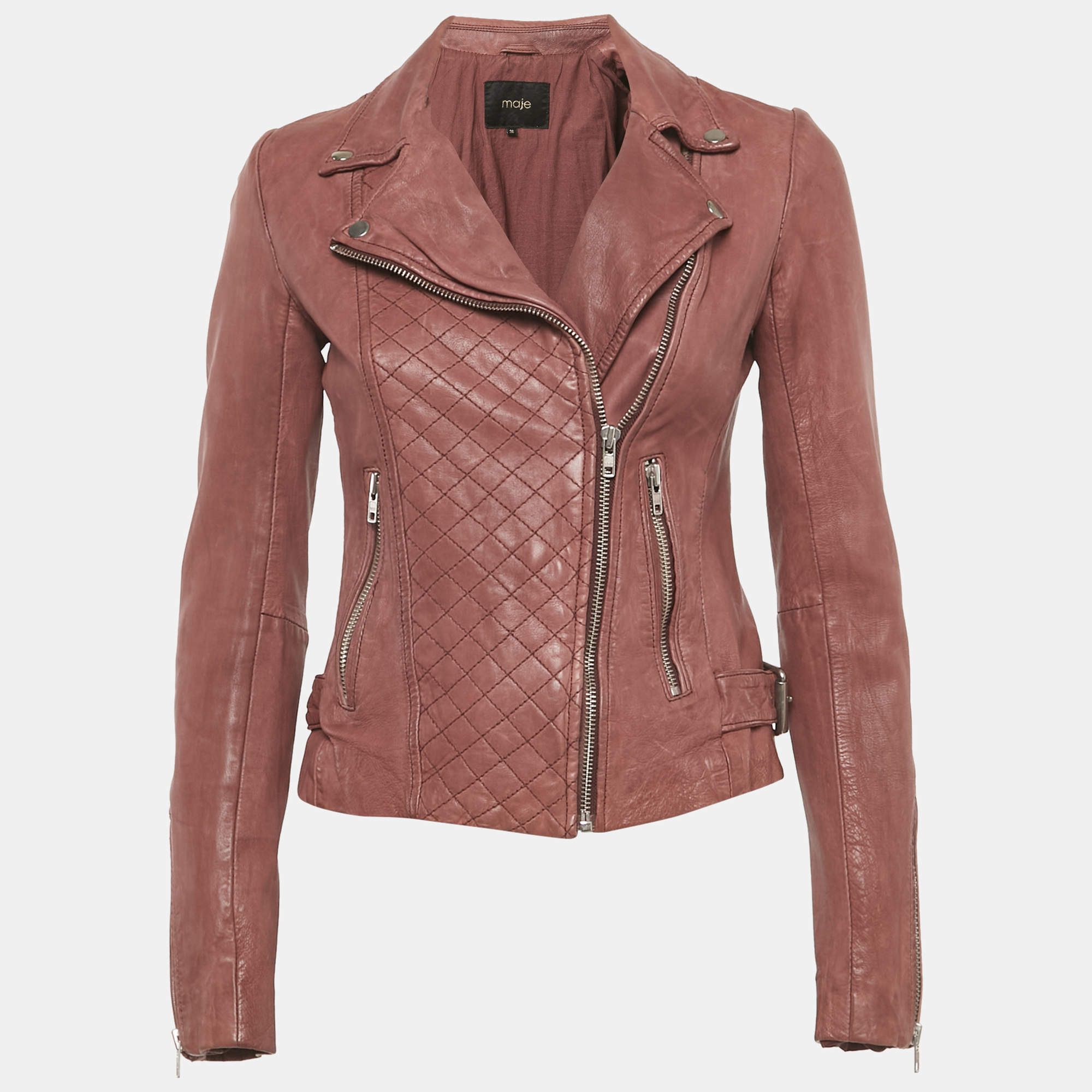 مملوكة مسبقًا Maje Onion Pink Leather Quilted Detail Bomber Jacket S
