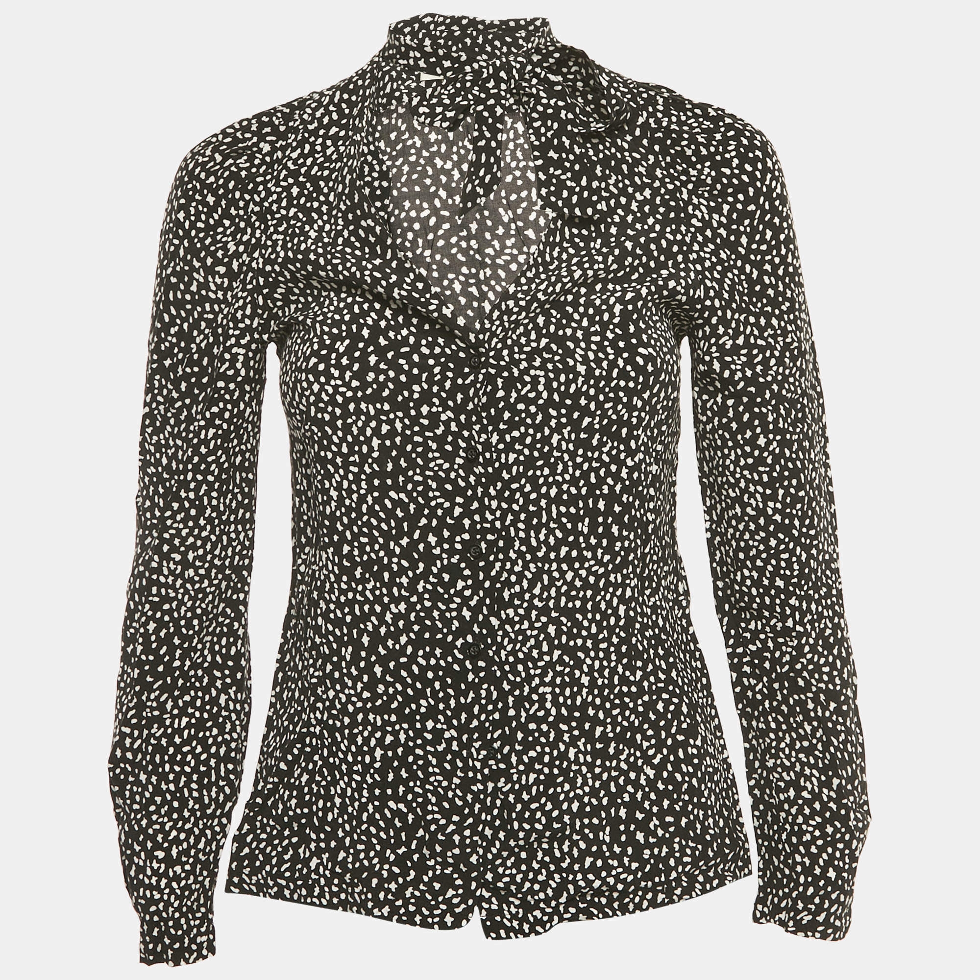 Pre Owned Maje Black Printed Crepe Neck Tie Detail Top S