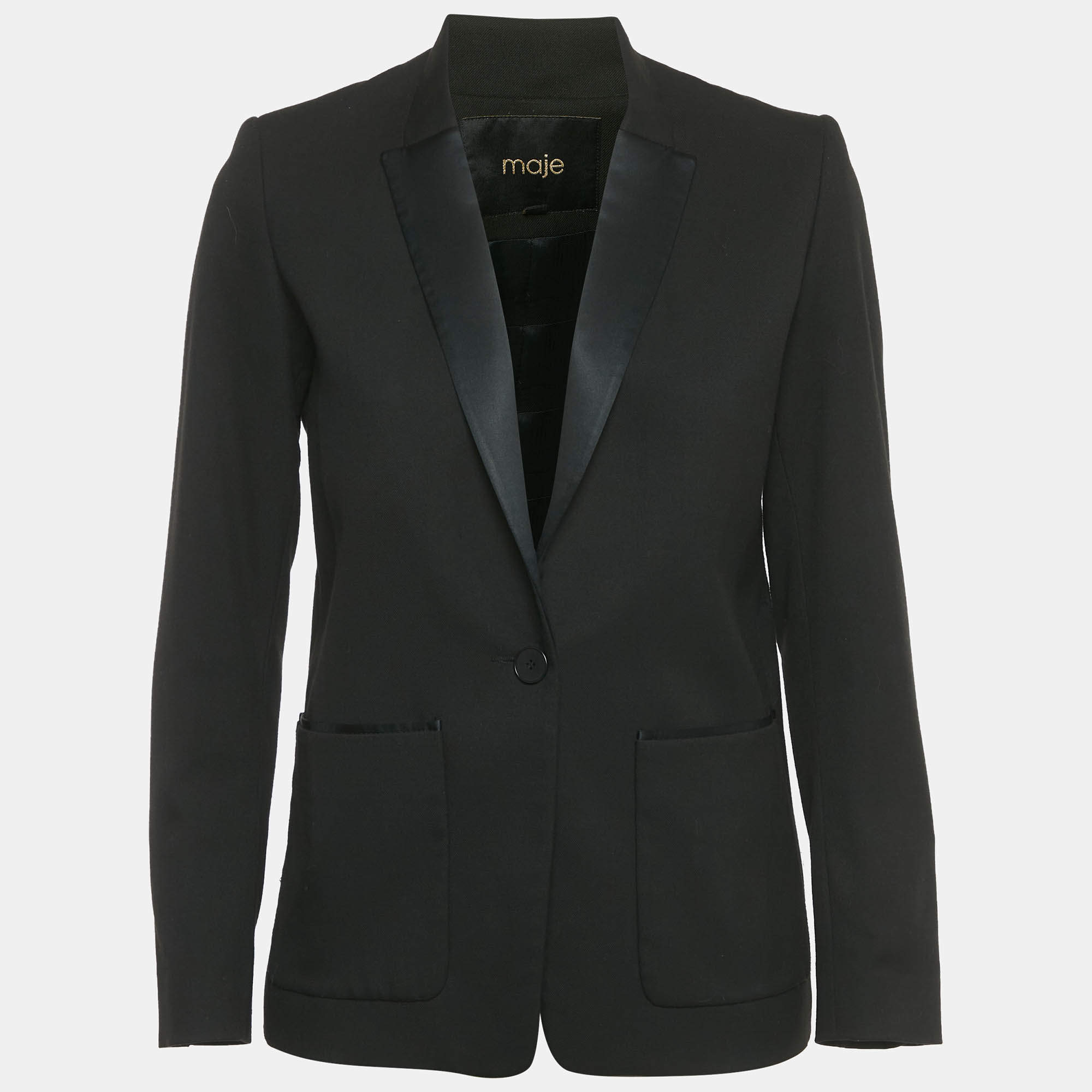 Pre Owned Maje Black Crepe & Silk Trim Single Breasted Blazer S