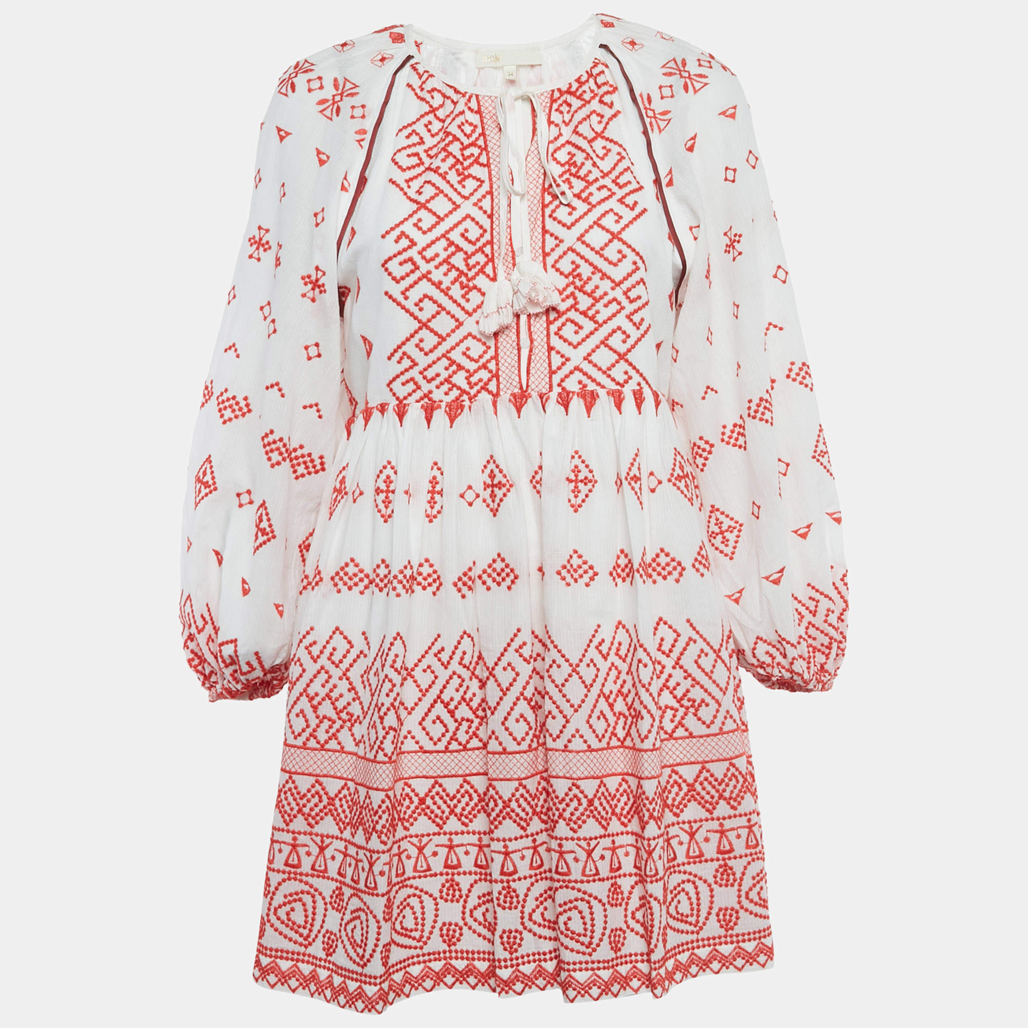 Pre Owned Maje White/Red Embroidered Cotton Rolipa Mini Dress XS 