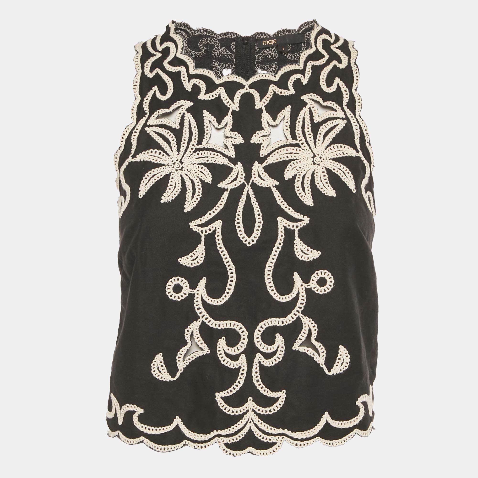 Pre Owned Maje Black Embroidered Cotton Top S