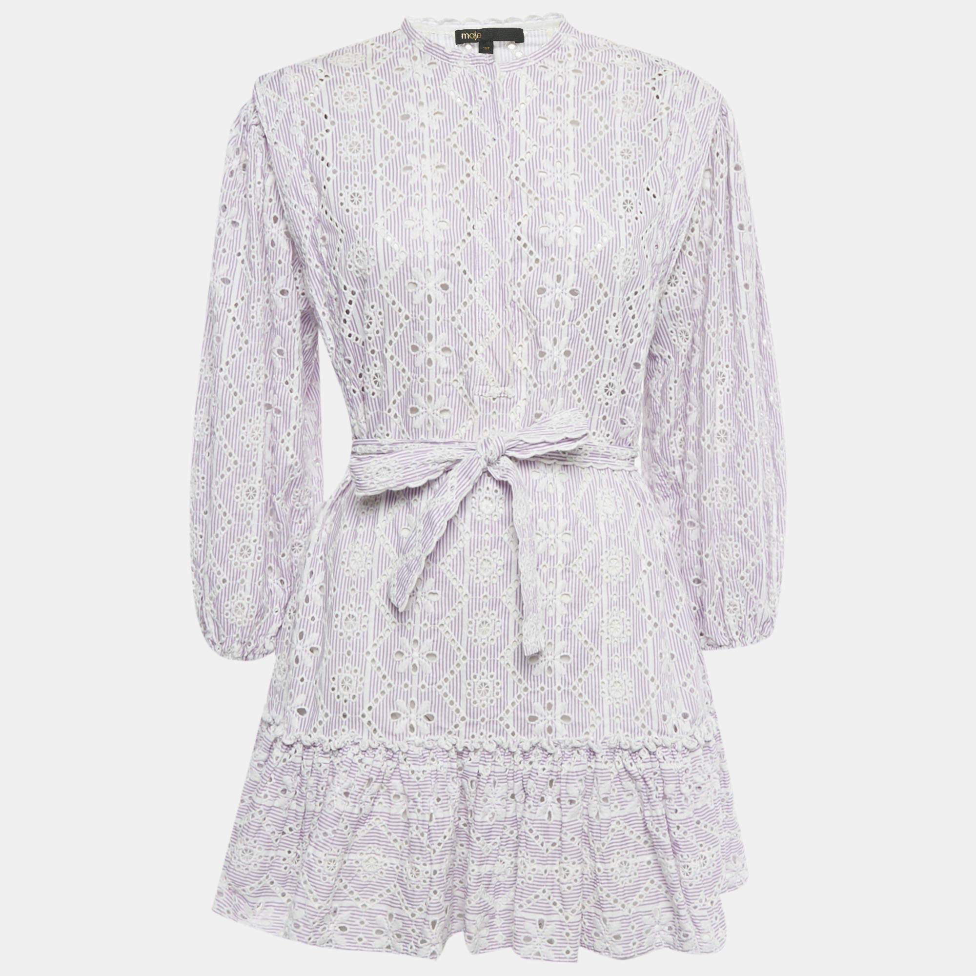 Pre Owned Maje Purple Embroidered Cotton Belted Mini Dress S