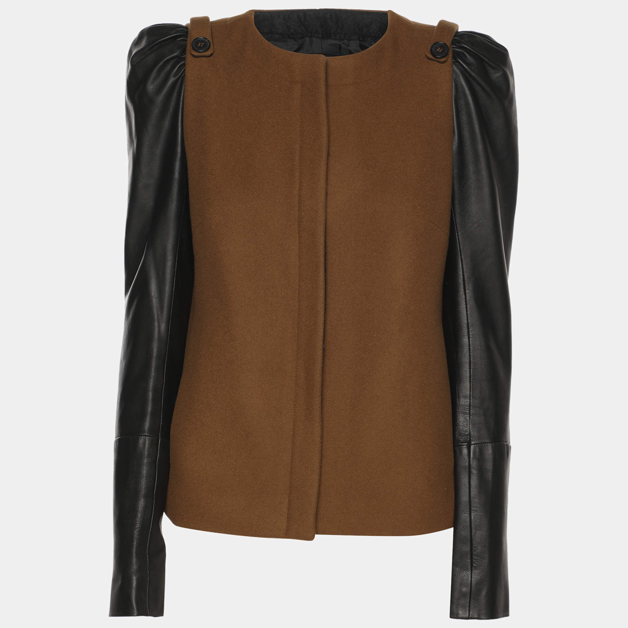 Pre Owned Maje Khaki/Black Wool Blend and Leather Zip Jacket S