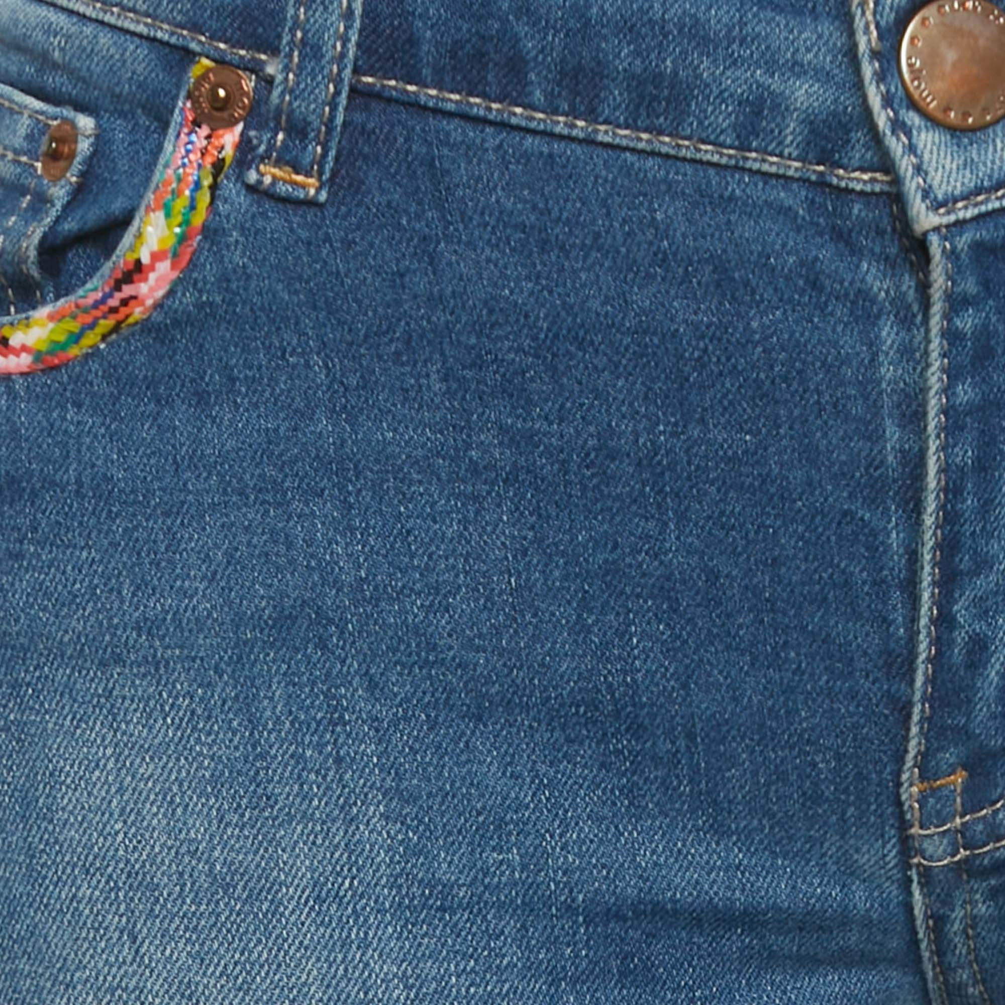 Pre Owned Maje Blue Distressed Demin Embellished Trim Low Waist Jeans XS Waist 28"