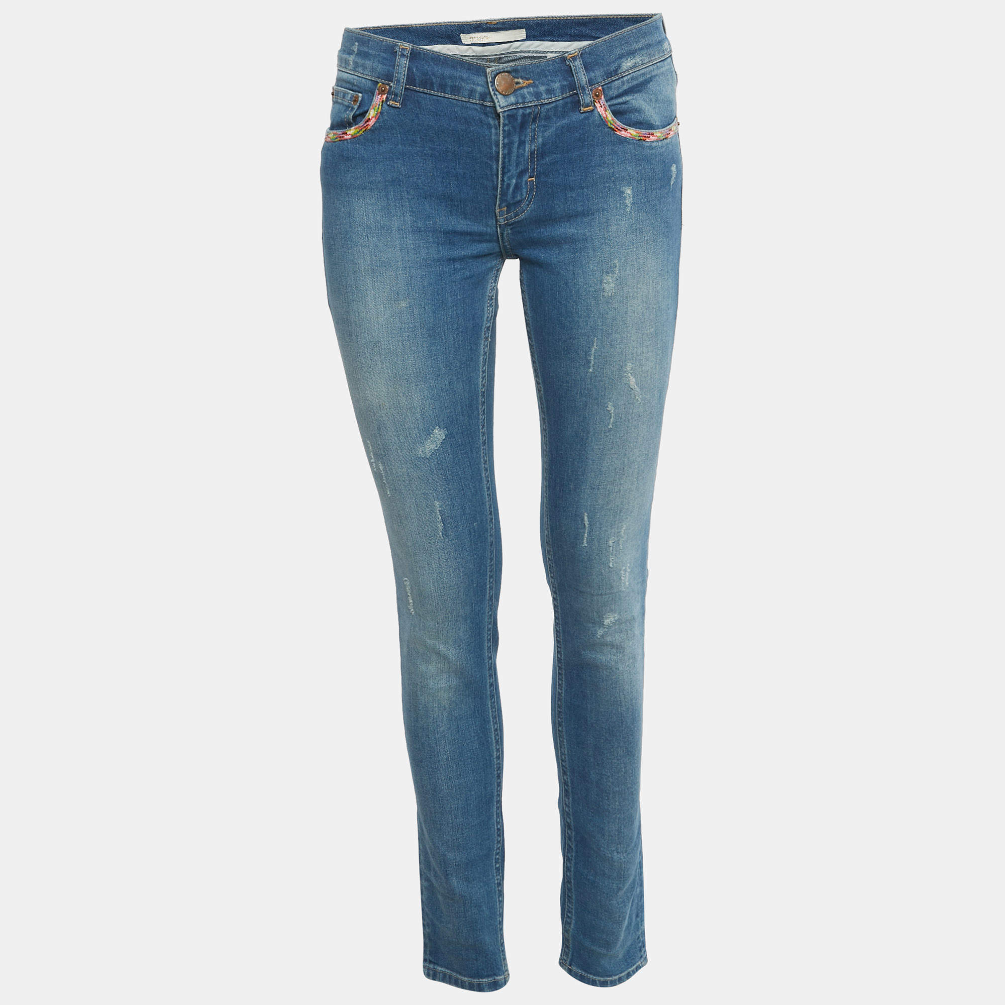 مملوكة مسبقًا Maje Blue Distressed Demin Embellished Trim Low Waist Jeans XS Waist 28"