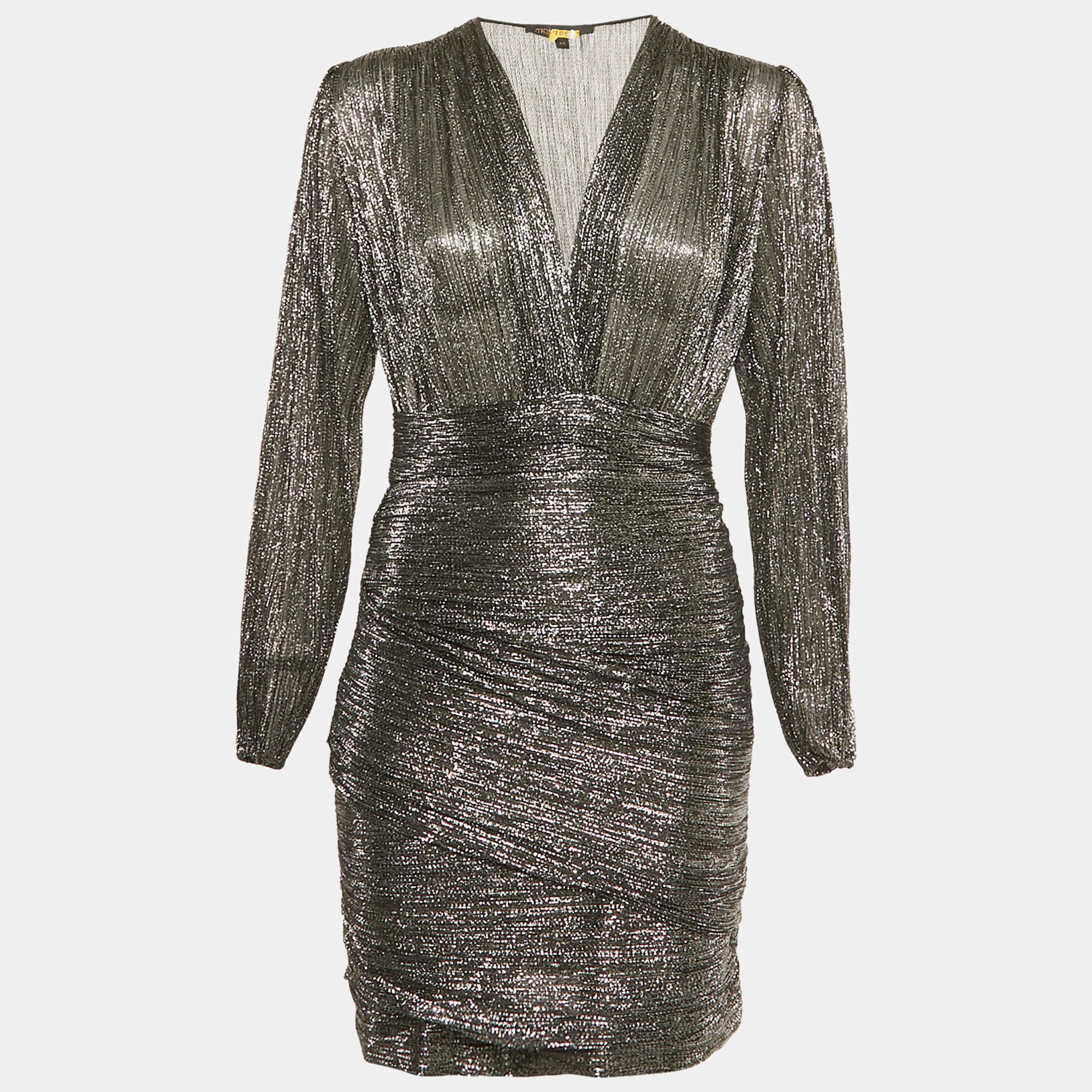 Pre Owned Maje Black Metallic Plunge Neck Mini Dress L