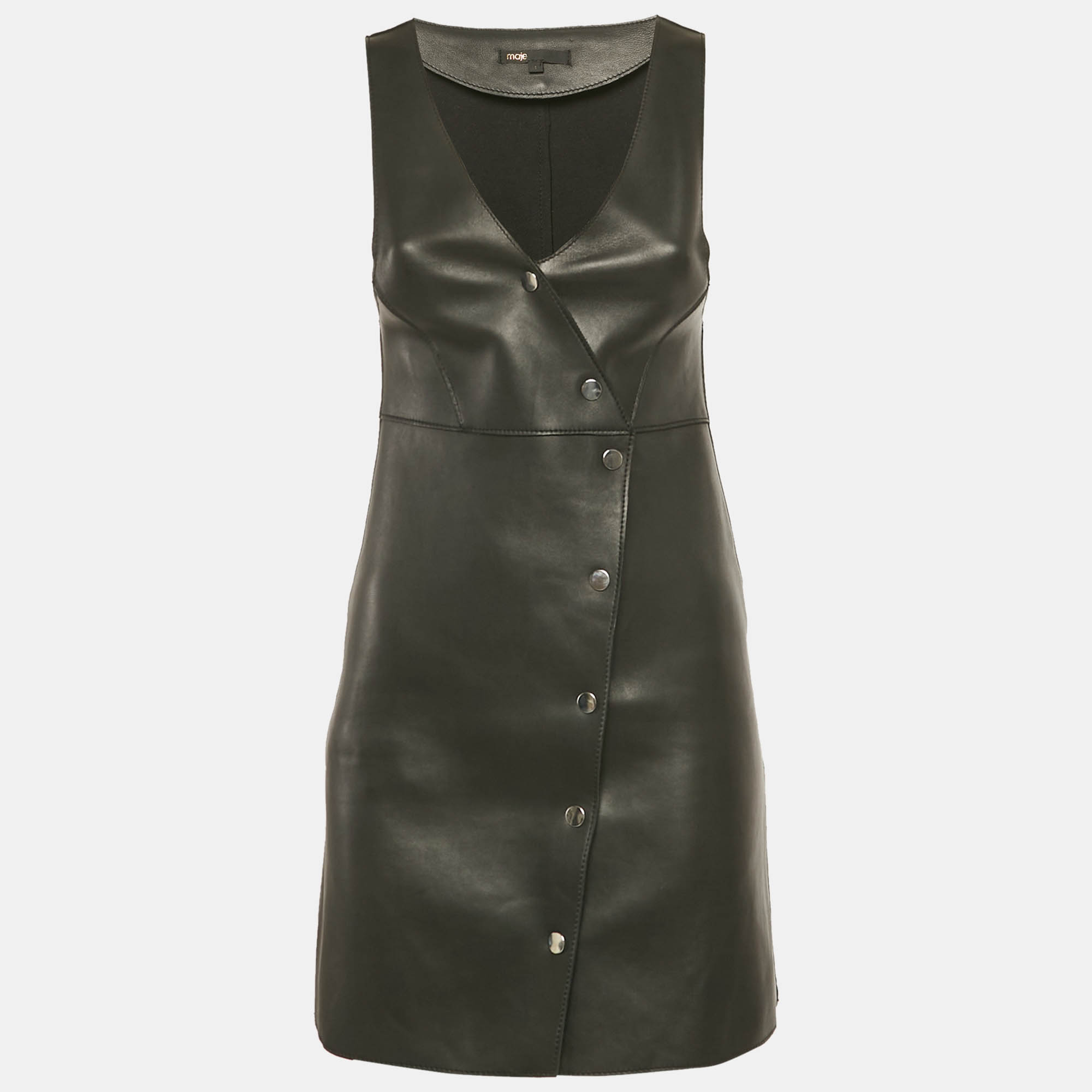 Pre Owned Maje Black Leather Buttoned Mini Dress S