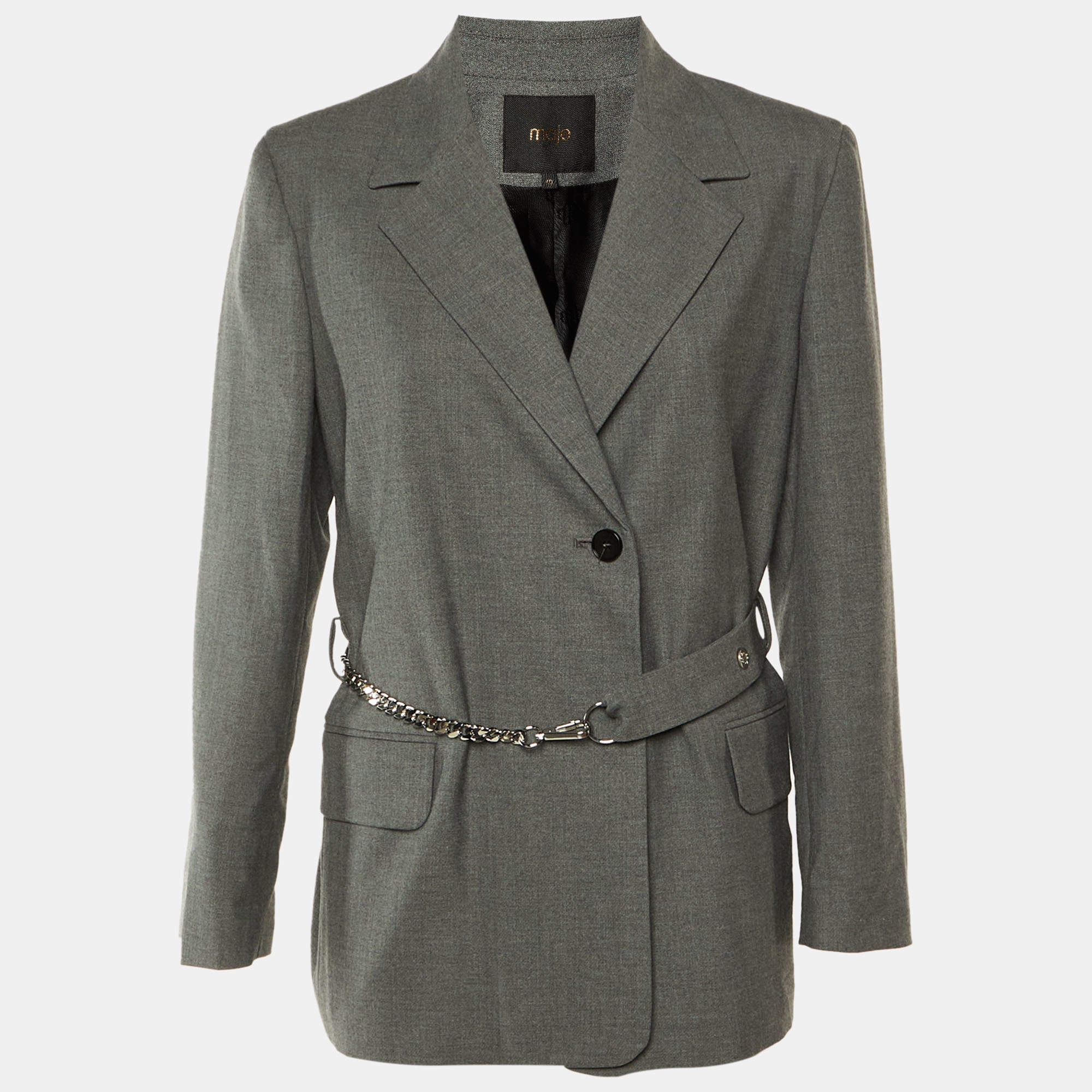 مملوكة مسبقًا Maje Grey Wool Blend Chain Belt Detail Blazer L
