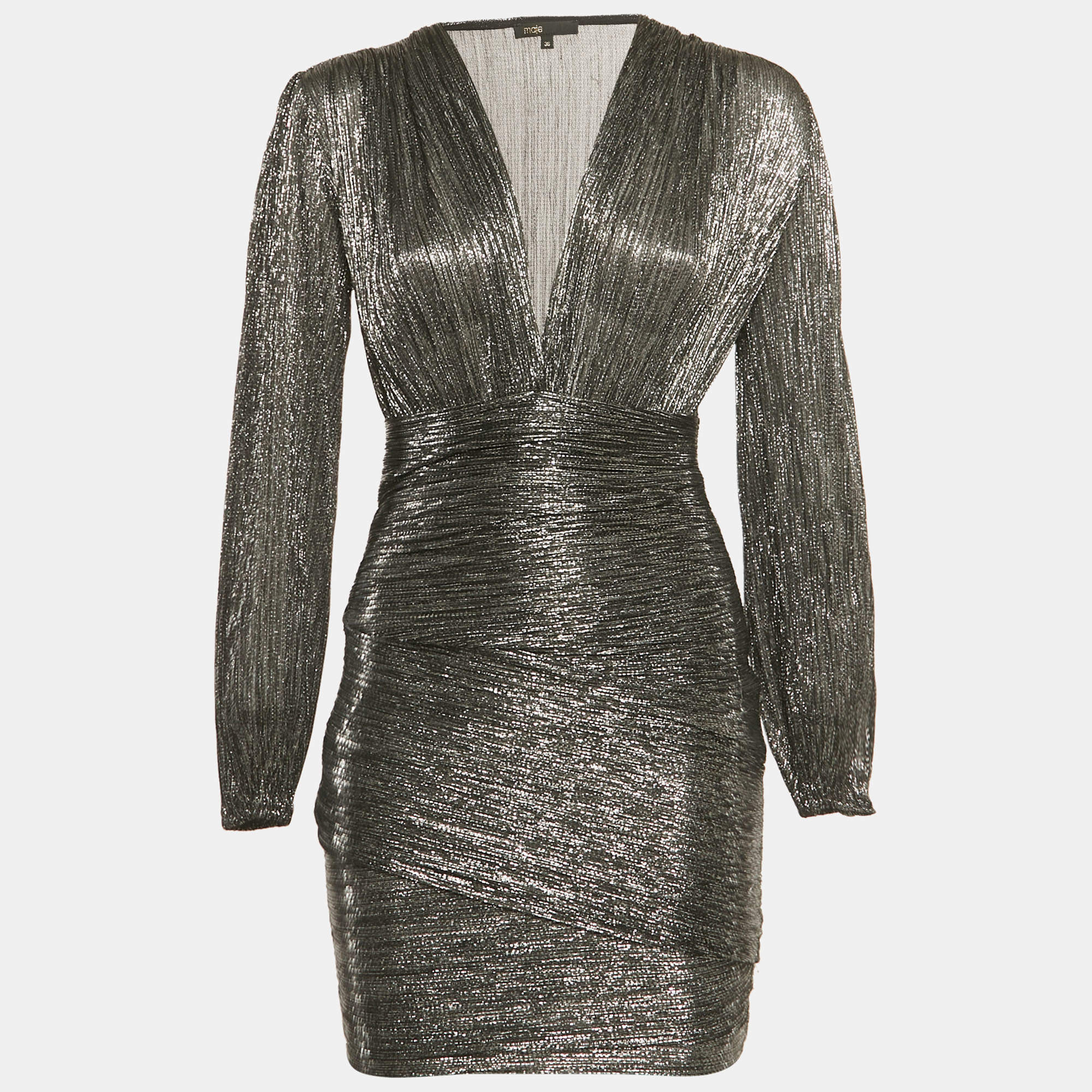 مملوكة مسبقًا Maje Black /Sliver Metallic Plunge Neck Mini Dress M